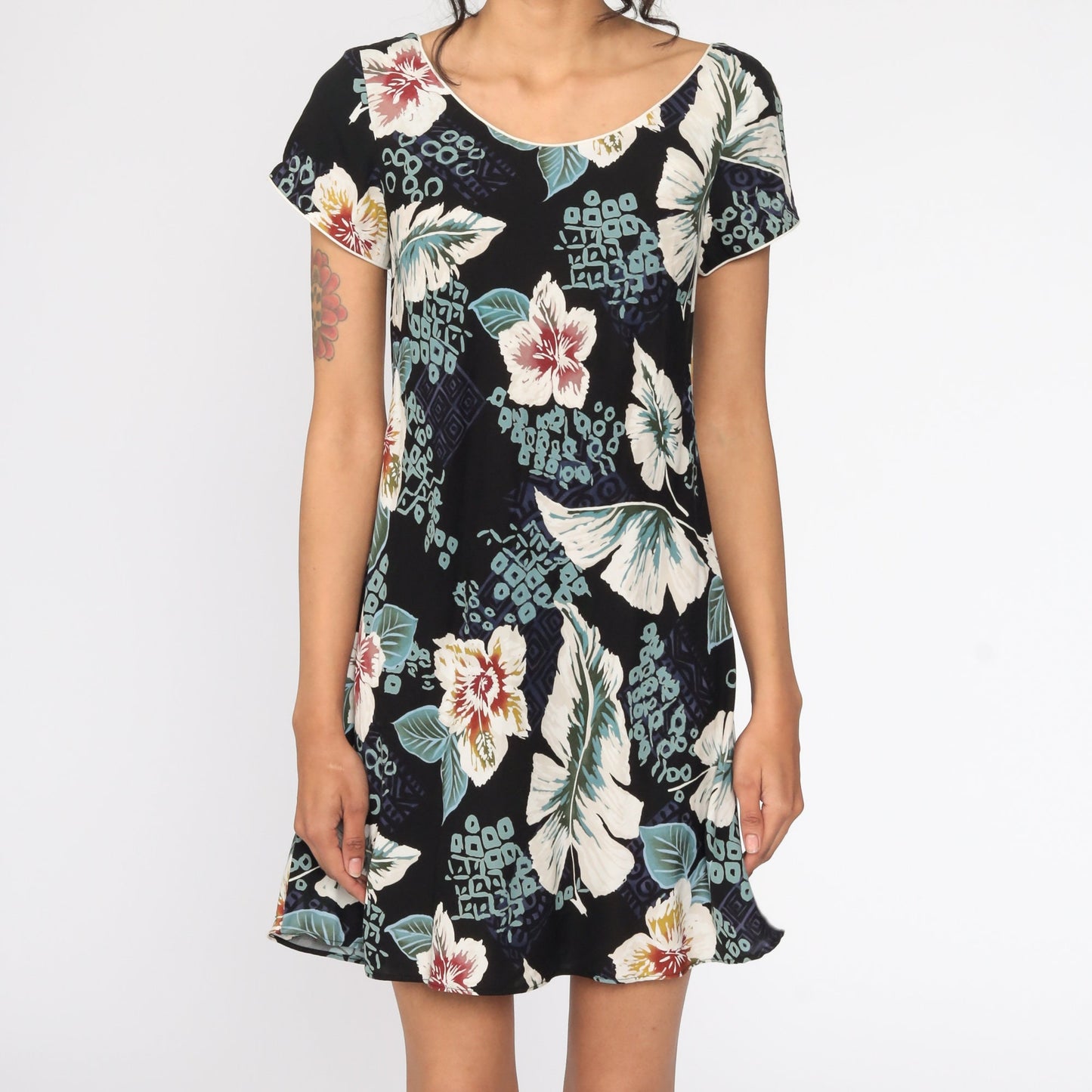 90s Floral Mini Dress Black Tropical Flower Print Shift Sundress Small