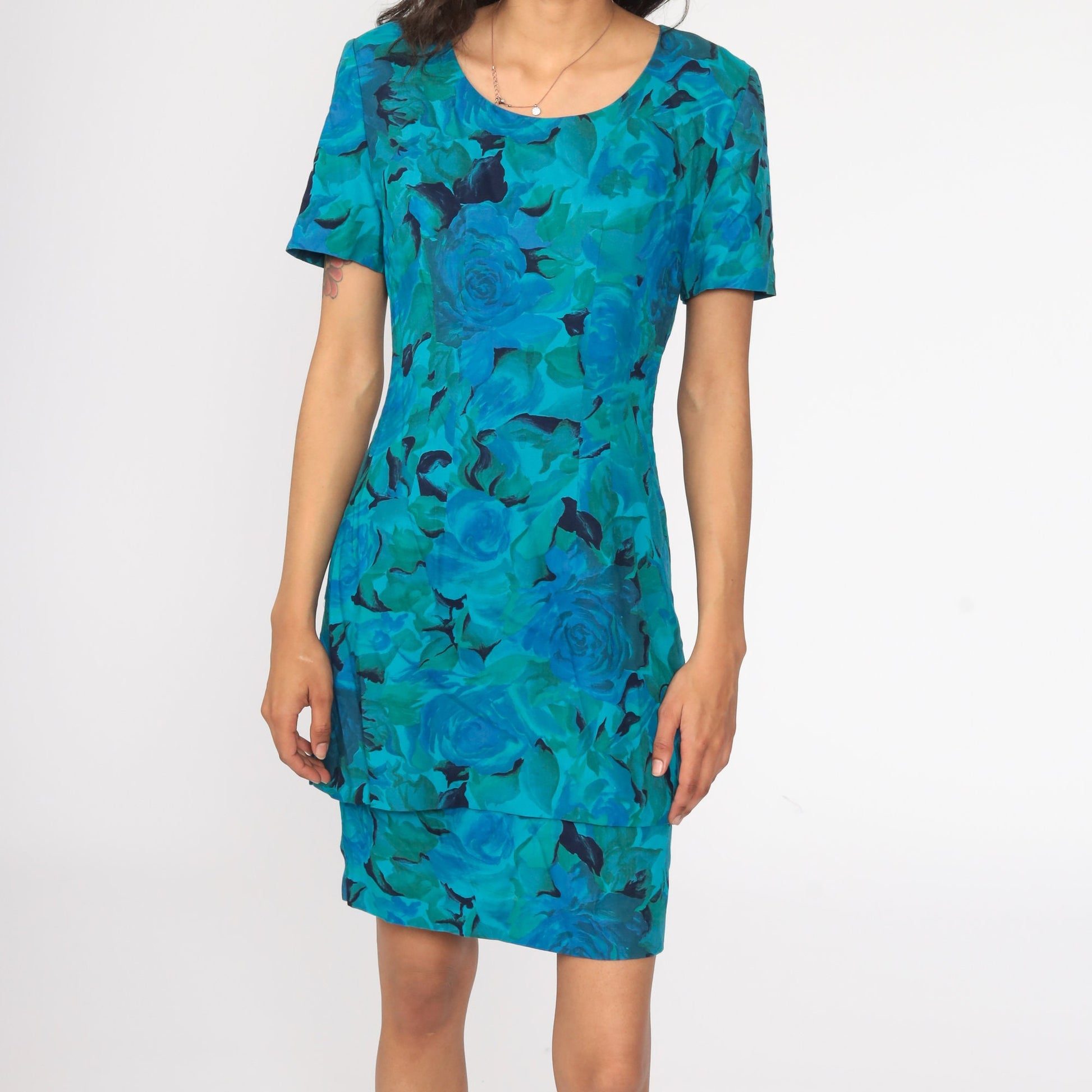 80s Blue Floral Rose Watercolor Sheath Minidress Short Sleeve Small S