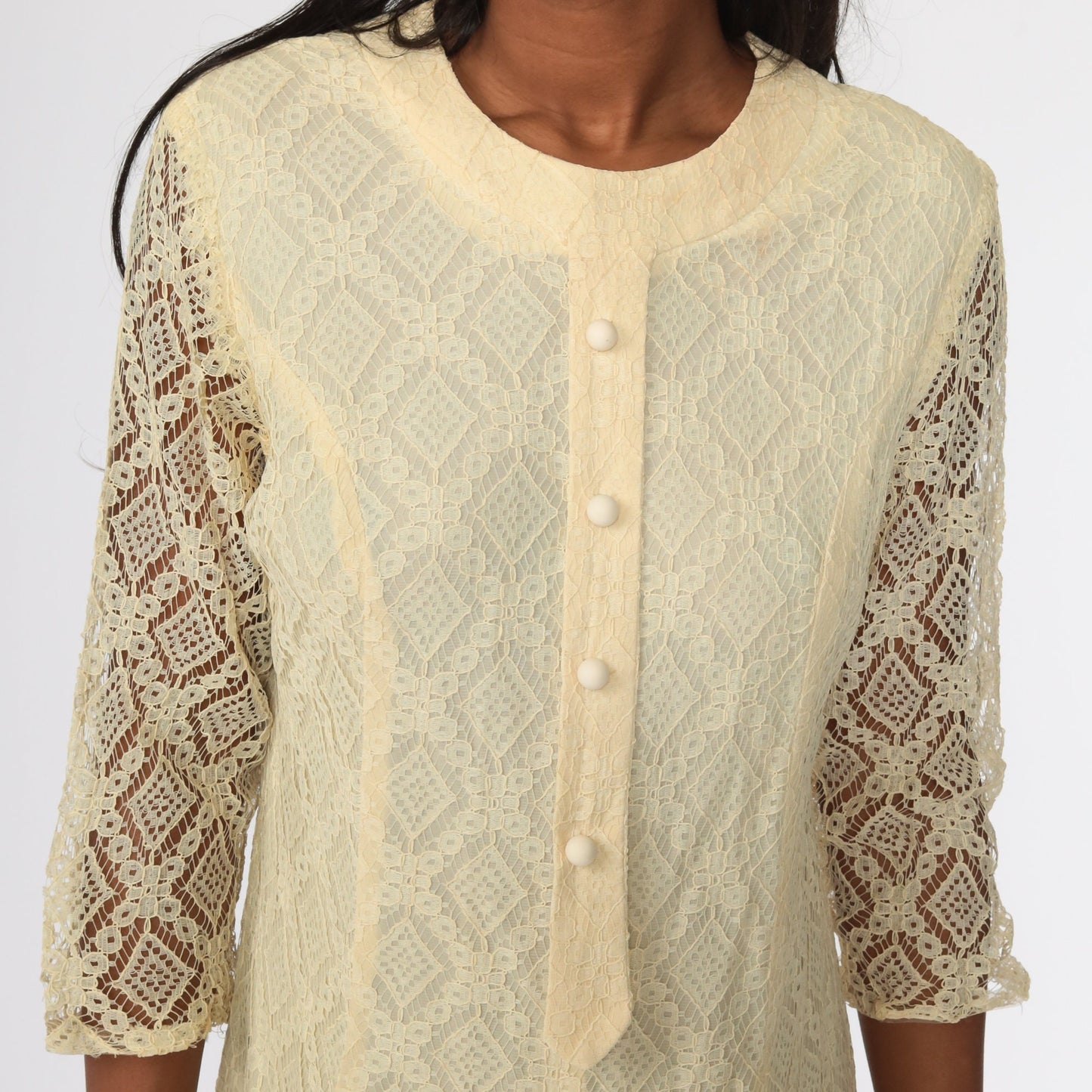 1960s Mod Yellow Lace Shift Dress Drop Waist Pleated Mini Large L