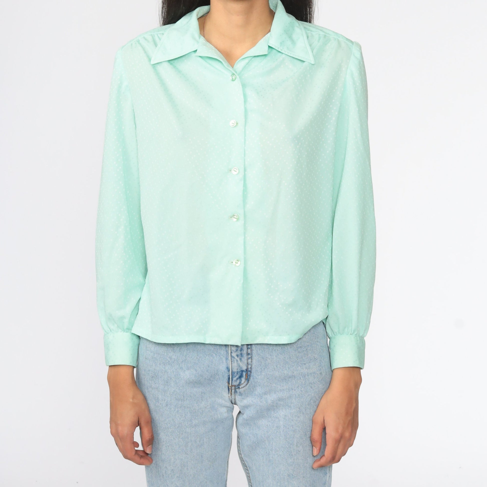 70s Mint Green Polka Dot Button-Up Blouse Long Sleeve Collar Medium