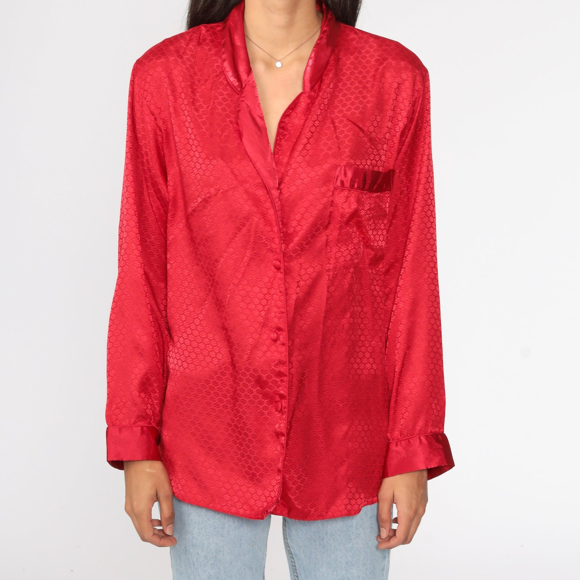 90s Victoria's Secret Red Satin Pajama Top Button-Up Medium