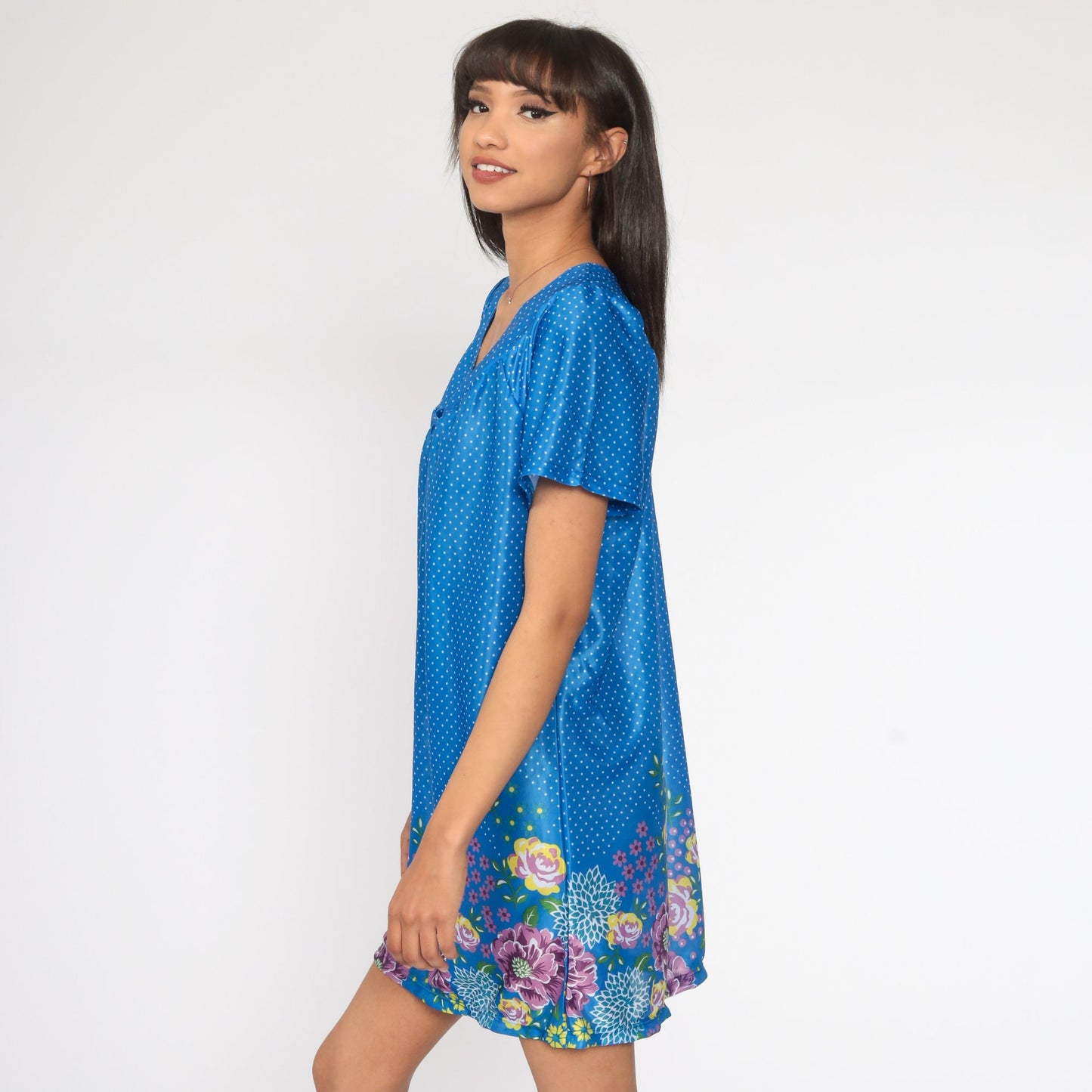 80s Floral Mini Dress Blue Polka Dot Tent Cut Plus Size 1X