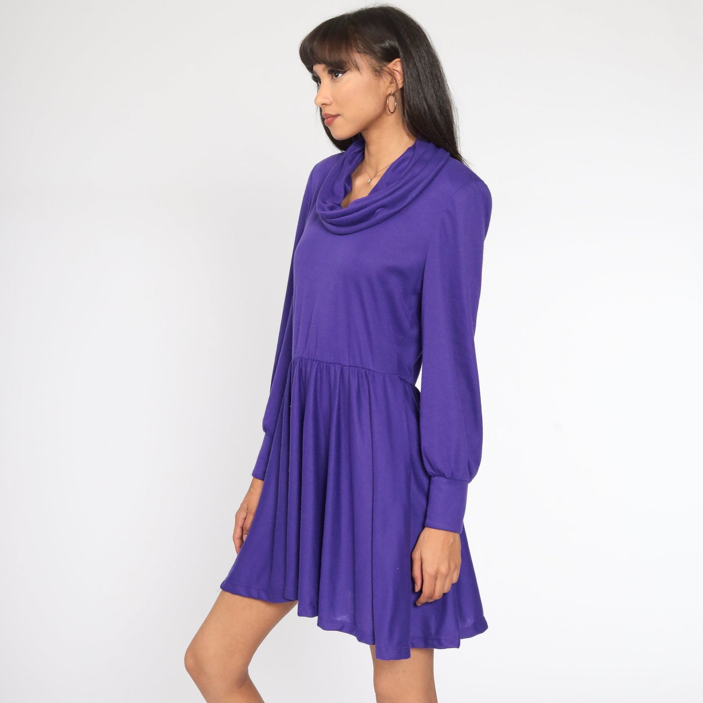 80s Purple Cowl Neck Mini Dress Long Sleeve High Waisted Medium Large