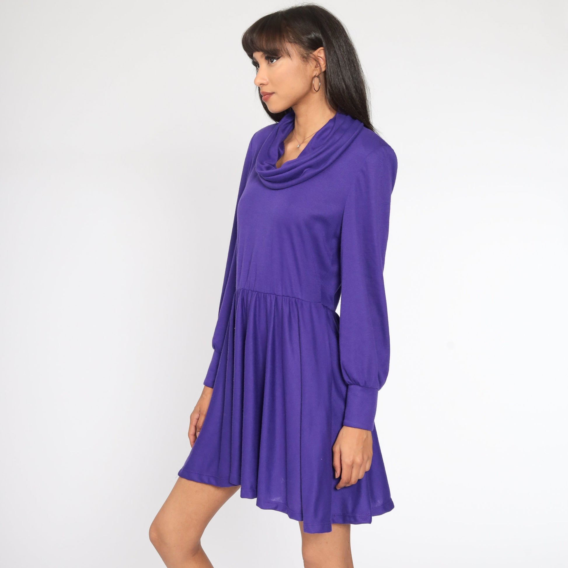 80s Purple Cowl Neck Mini Dress Long Sleeve High Waisted Medium Large