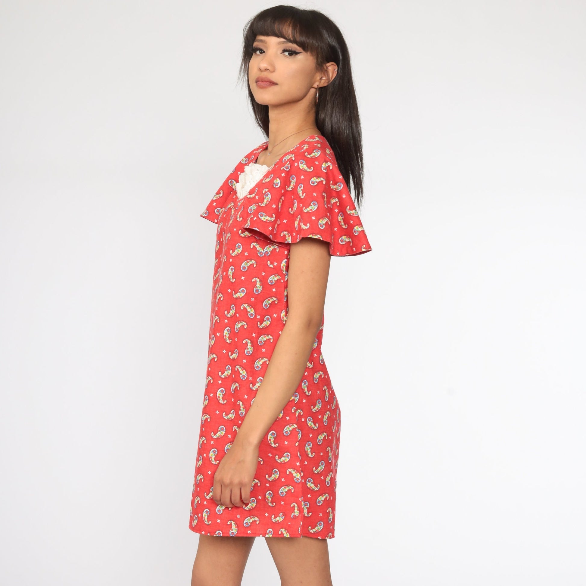 60s Psychedelic Paisley Mini Dress Flutter Sleeve Shift Red Small