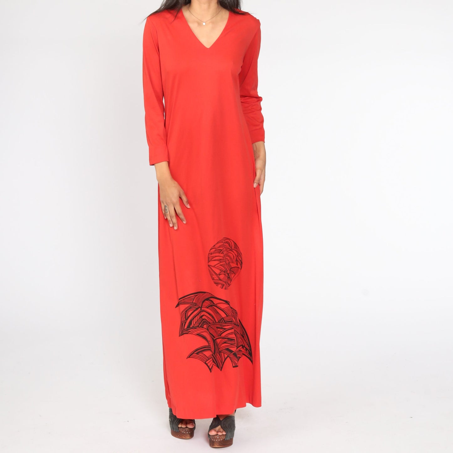 70s Red Abstract Graphic Maxi Dress Long Sleeve V Neck Medium