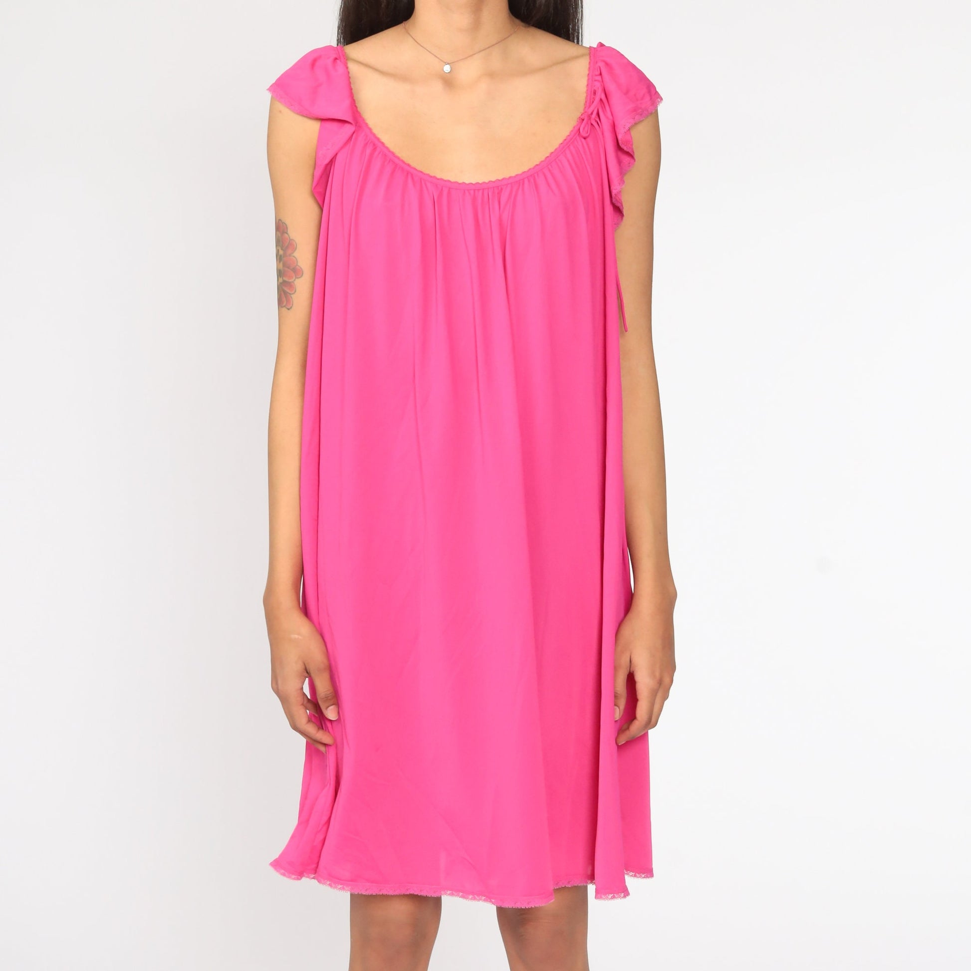 80s Bright Pink Nightgown Flutter Sleeve Tent Cut Nylon Nightie Medium Large