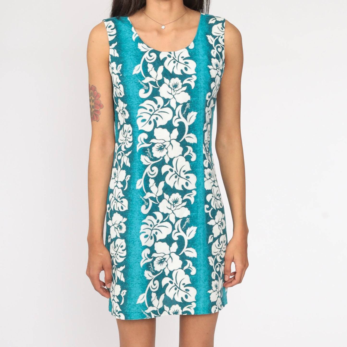 90s Hawaiian Floral Mini Sundress Blue Sleeveless Sheath Small S