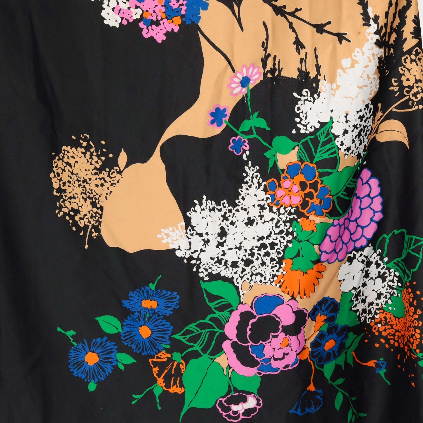 70s Tori Richard Hawaiian Floral Maxi Dress Black High Neck Long Sleeve Medium Large