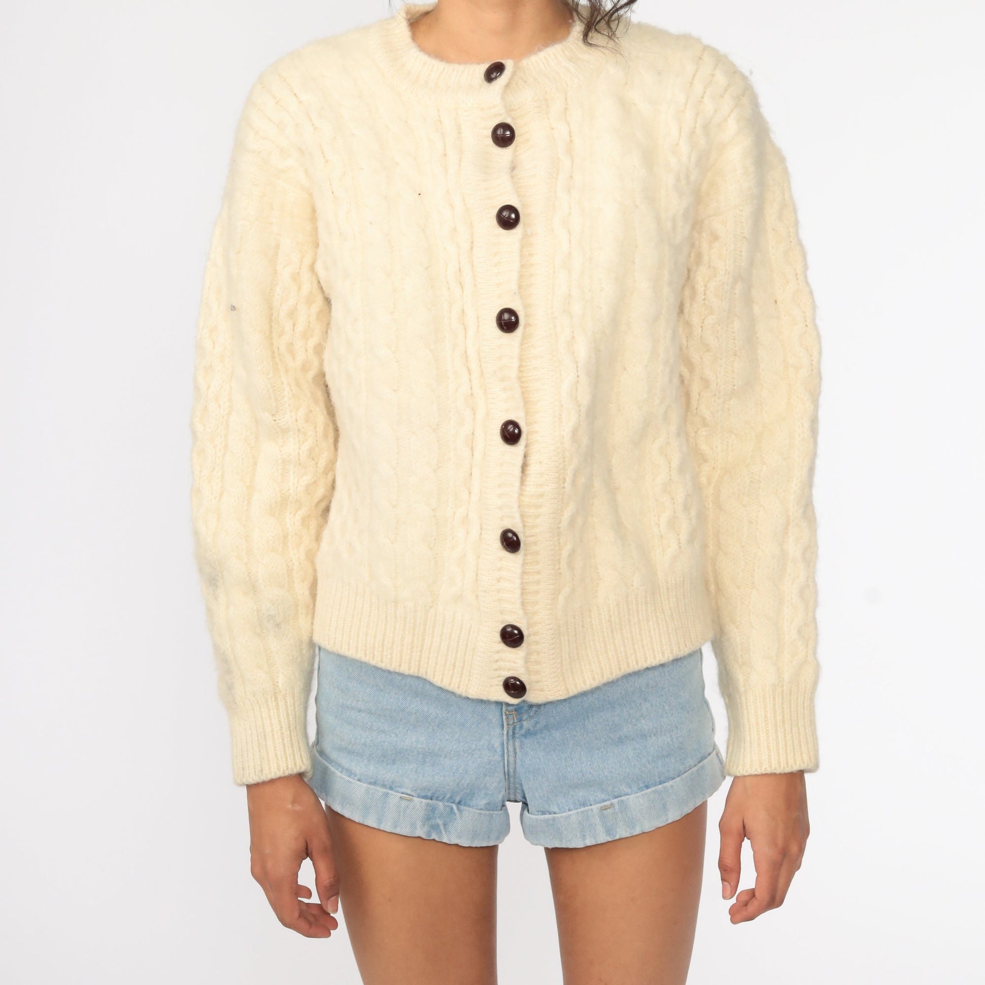 80s Wool Cable Knit Cardigan Cream Fisherman Sweater Button Up Extra Small