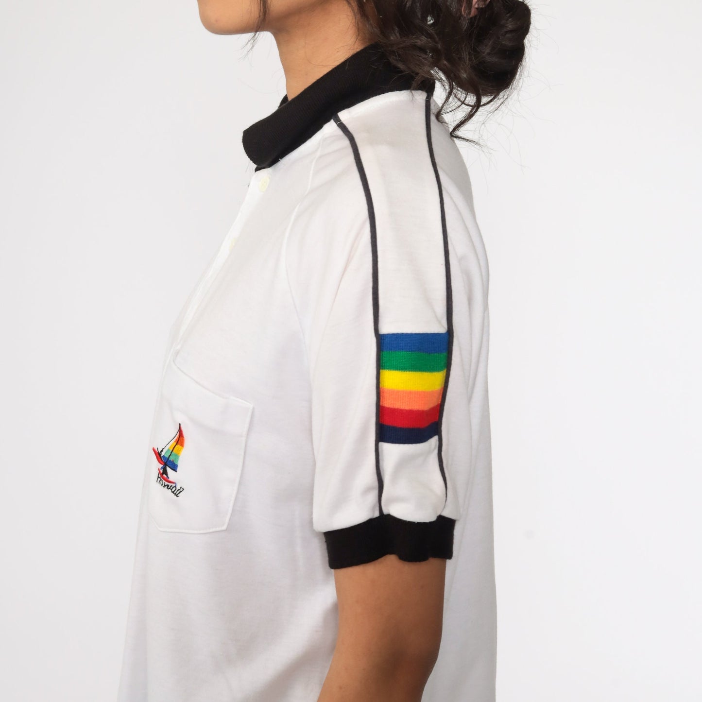 80s Hawaii Rainbow Sailboat Polo Shirt Striped Collared Half-Button Extra Large