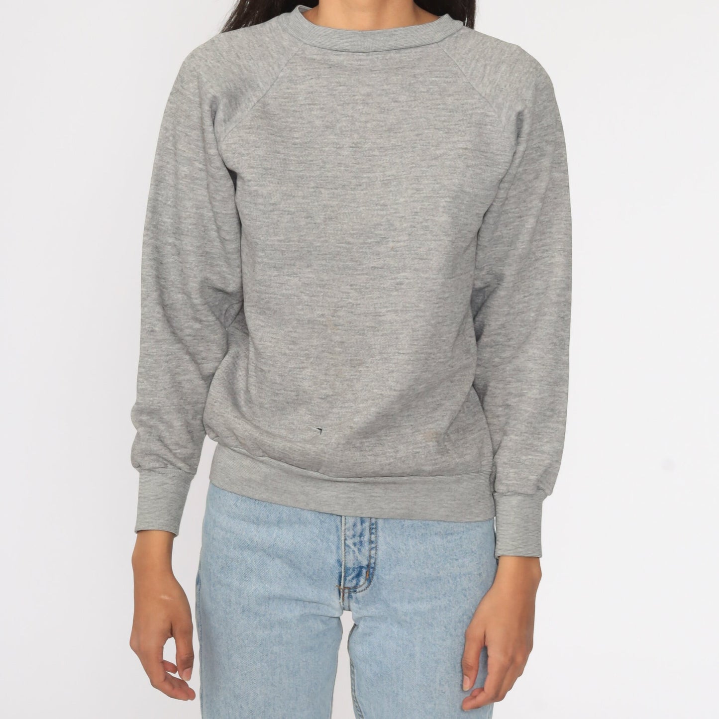 80s Grey Raglan Sweatshirt Crewneck Plain Pullover Small