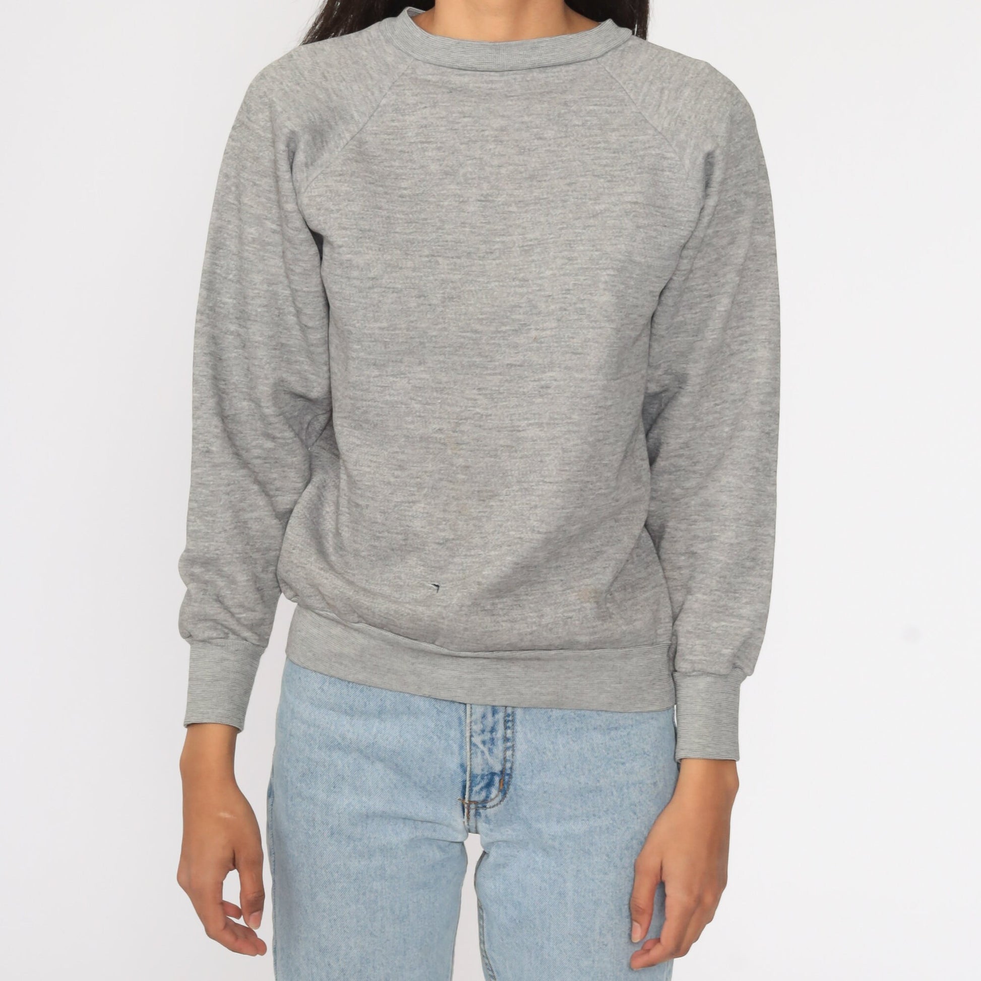 80s Grey Raglan Sweatshirt Crewneck Plain Pullover Small