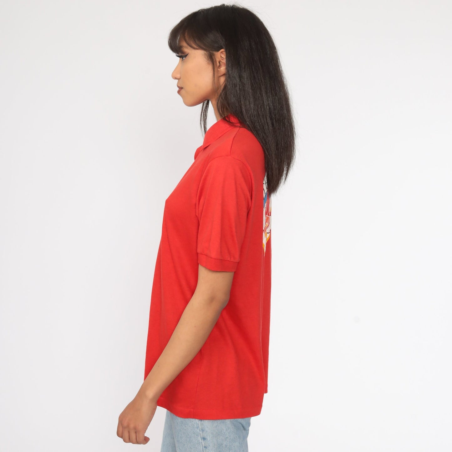 80s The Grand Ram Hot Air Balloon Polo Shirt Red Graphic Button-Up Medium