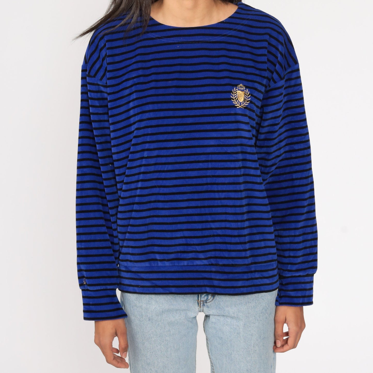 80s Striped Velour Pullover Blue Gold Crest Long Sleeve Small