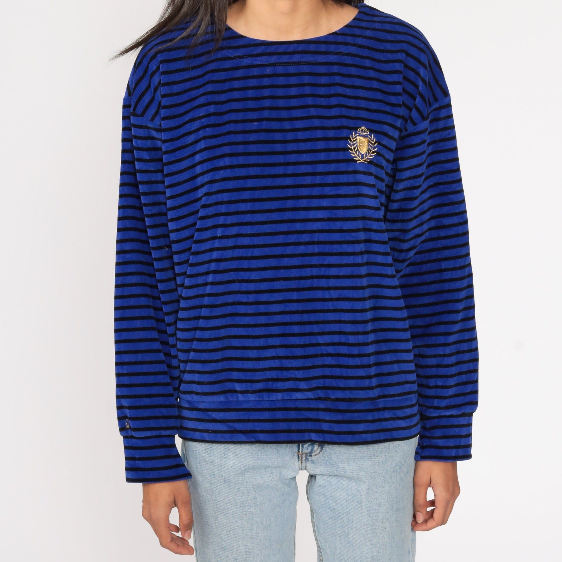 80s Striped Velour Pullover Blue Gold Crest Long Sleeve Small