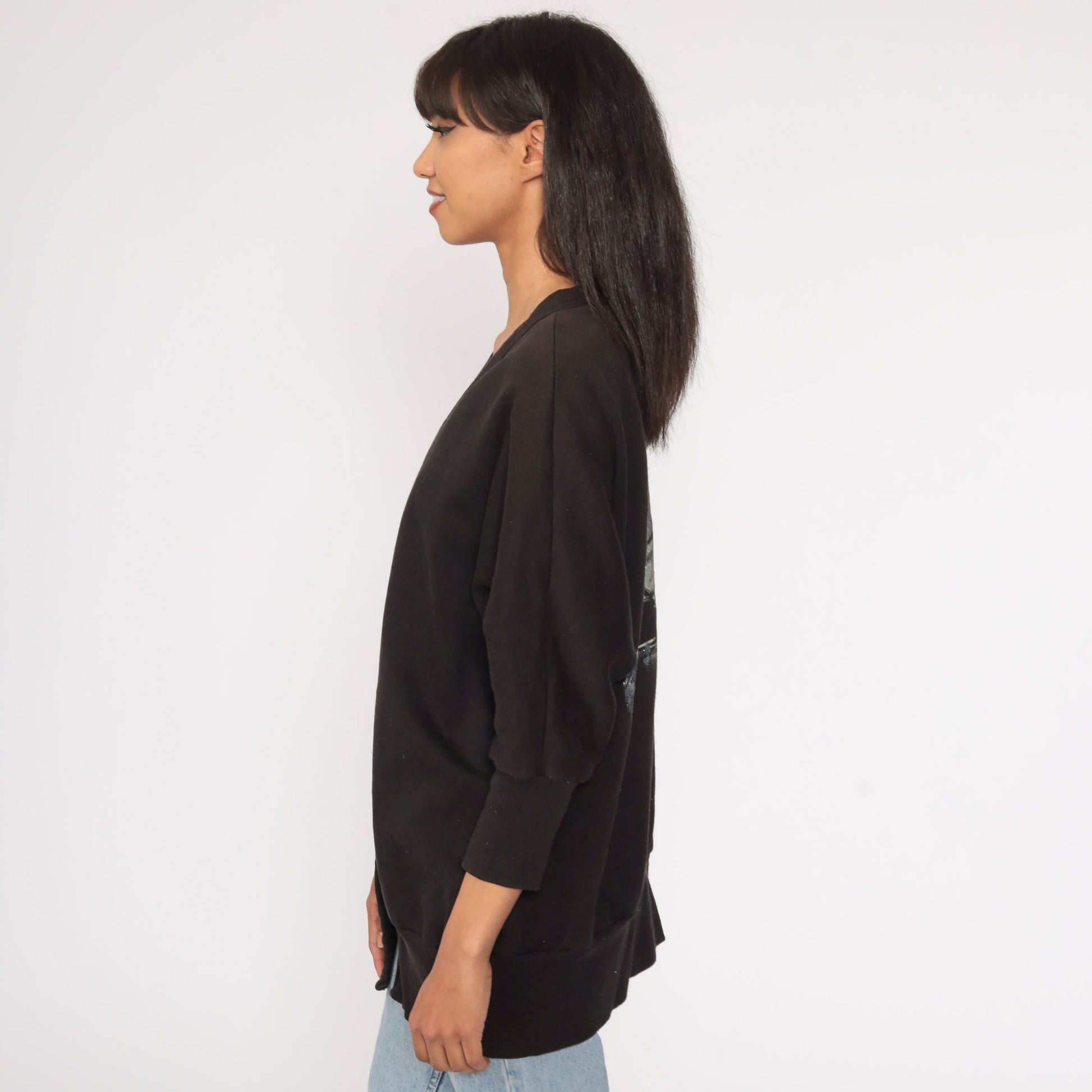 80s Hand Painted Baby Seal Cardigan Sweatshirt Black Open Front One Size