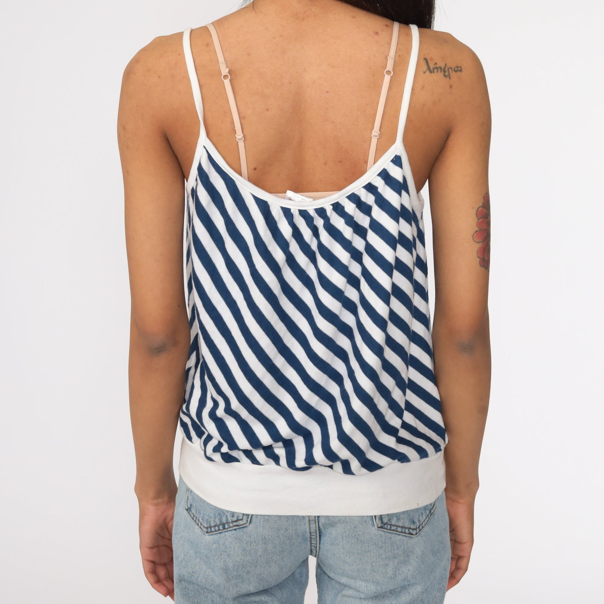 80s Striped Spaghetti Strap Tank Top Blue White Slouchy Medium