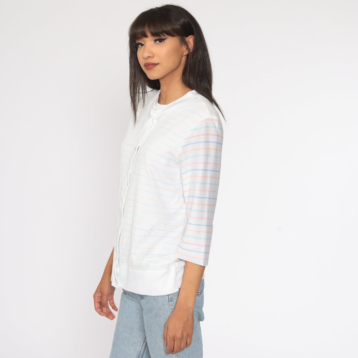 80s White Striped Mesh 3/4 Sleeve Shirt Medium