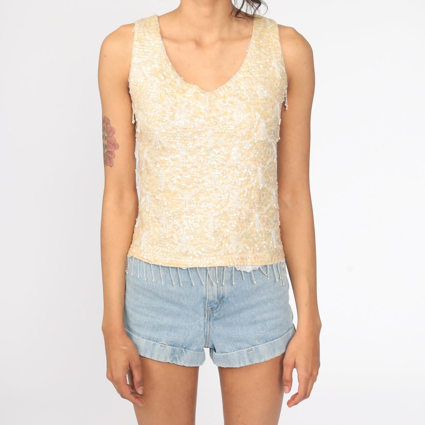 60s Beaded Sequin Knit Tank Top Cream Sleeveless Blouse Extra Small