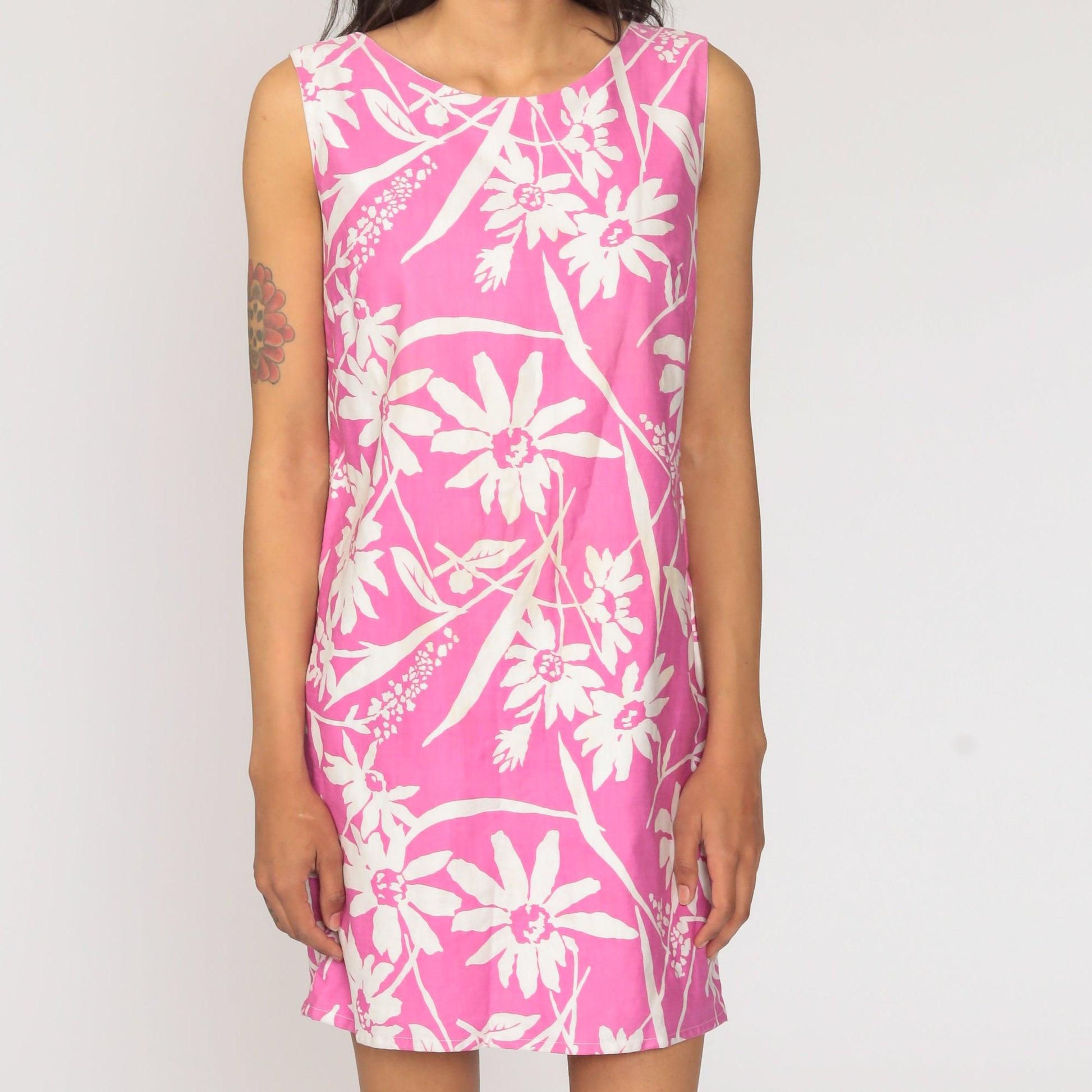 60s Floral Shift Dress Pink Mini Sleeveless Mod Print Small