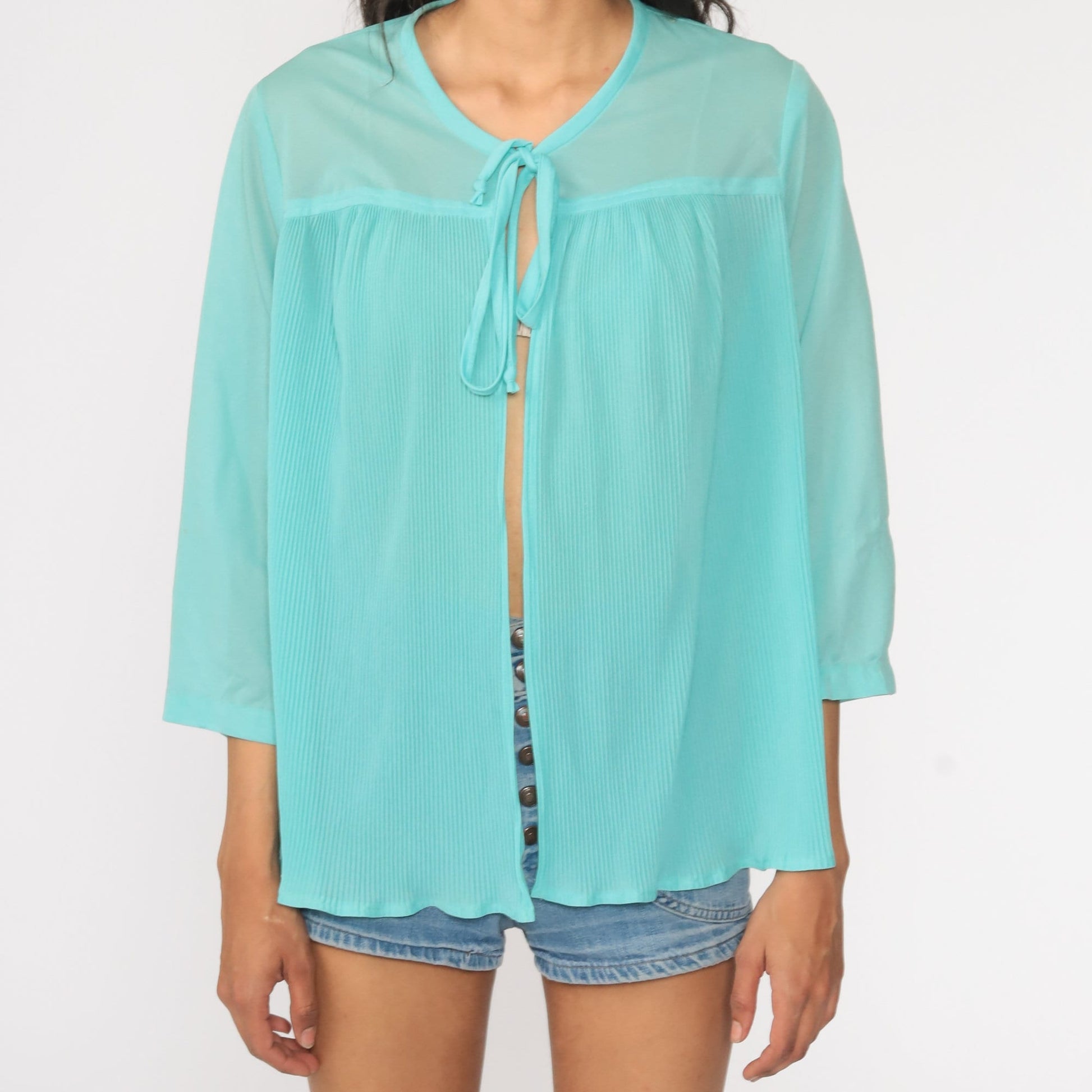 70s Sheer Blue Blouse Tie Neck Pleated Long Sleeve Top Medium Large