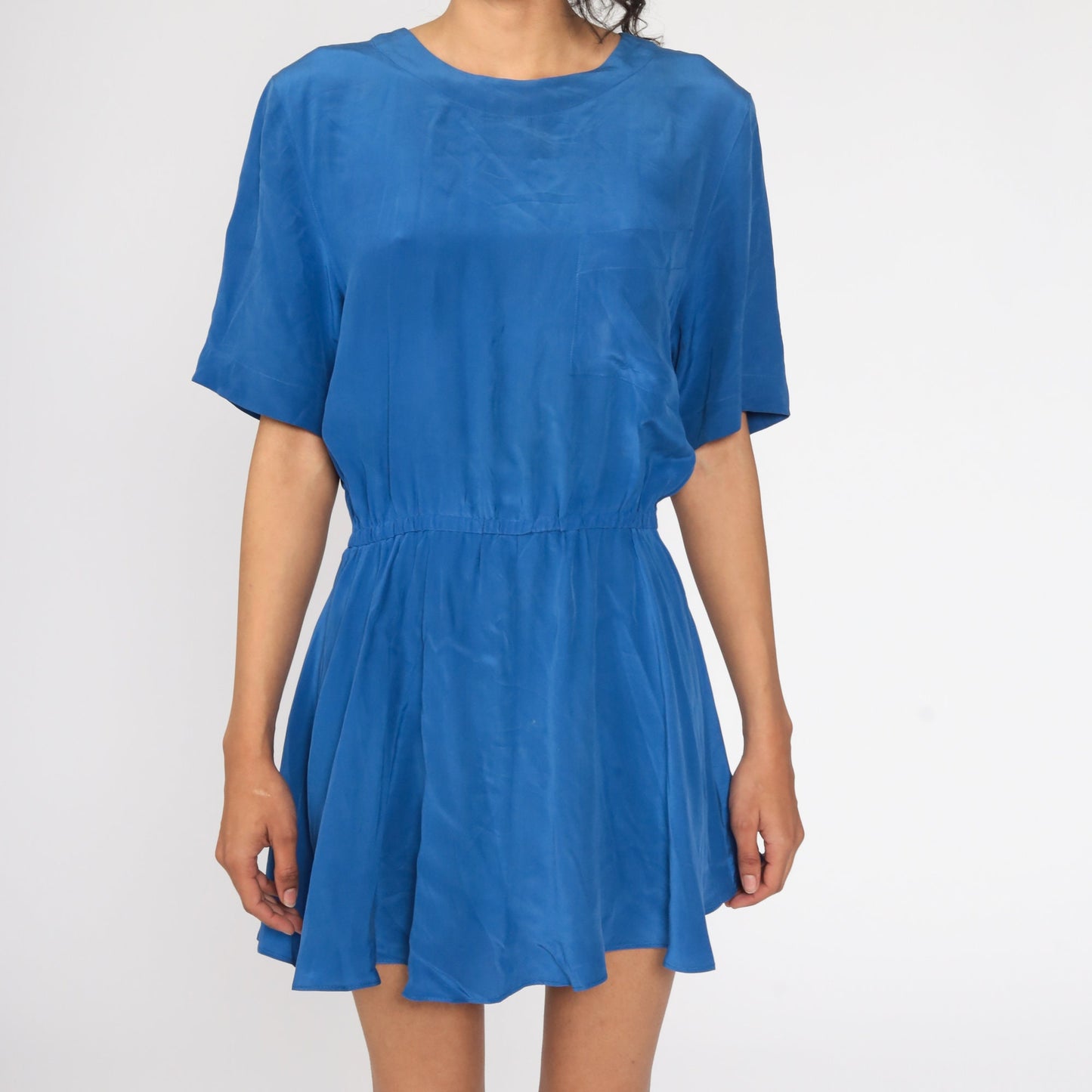 80s Blue Silk Mini Dress High Waist Button Back Short Sleeve Medium