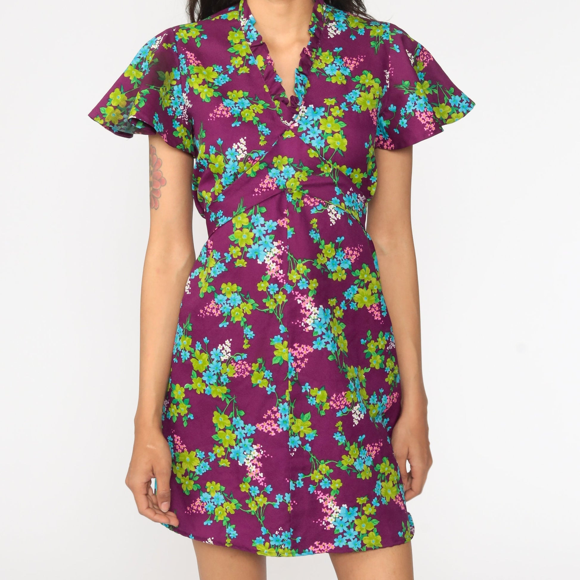70s Floral Mini Dress Purple Green Empire Waist Flutter Sleeve Medium Large