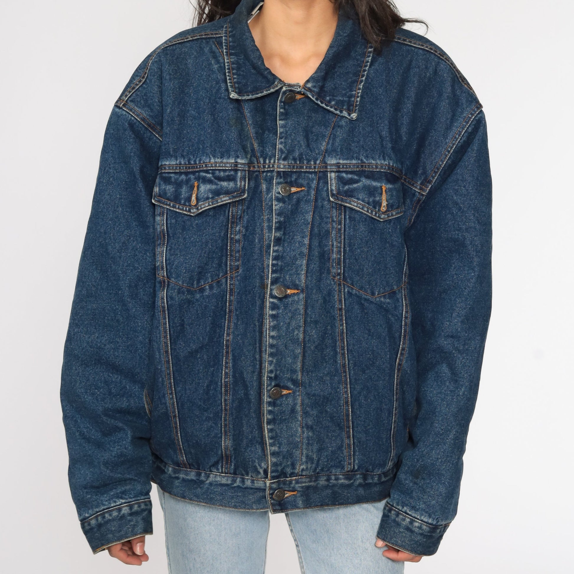 80s Blue Denim Jacket Sherpa Lining Jean Coat Extra Large XL