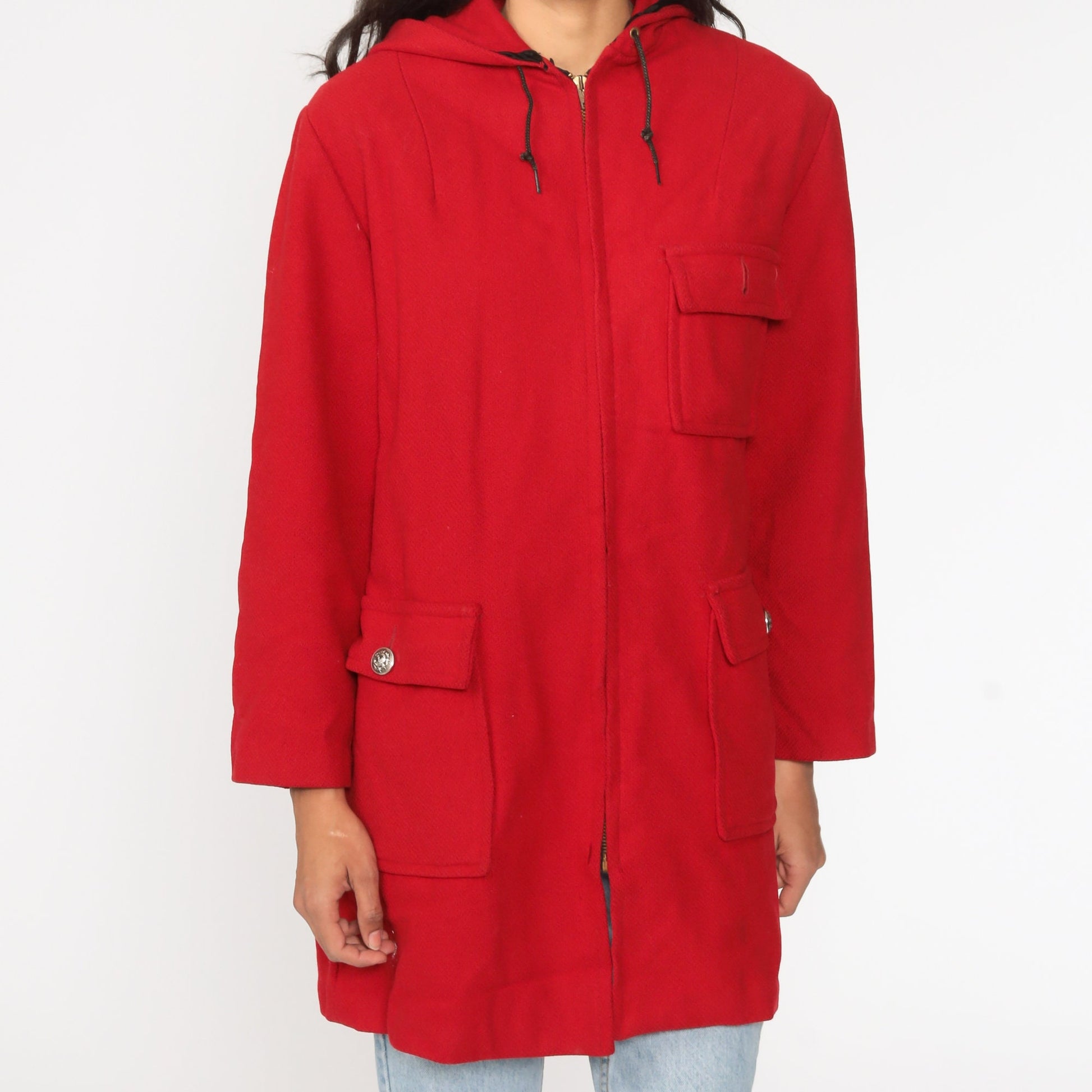 80s Red Wool Hooded Coat Zip Jacket Faux Fur Lining Extra Large XL