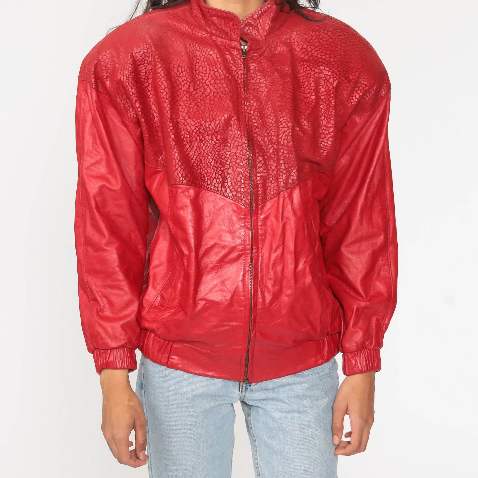 80s Red Leather Motorcycle Jacket Faux Snakeskin Biker Moto Medium