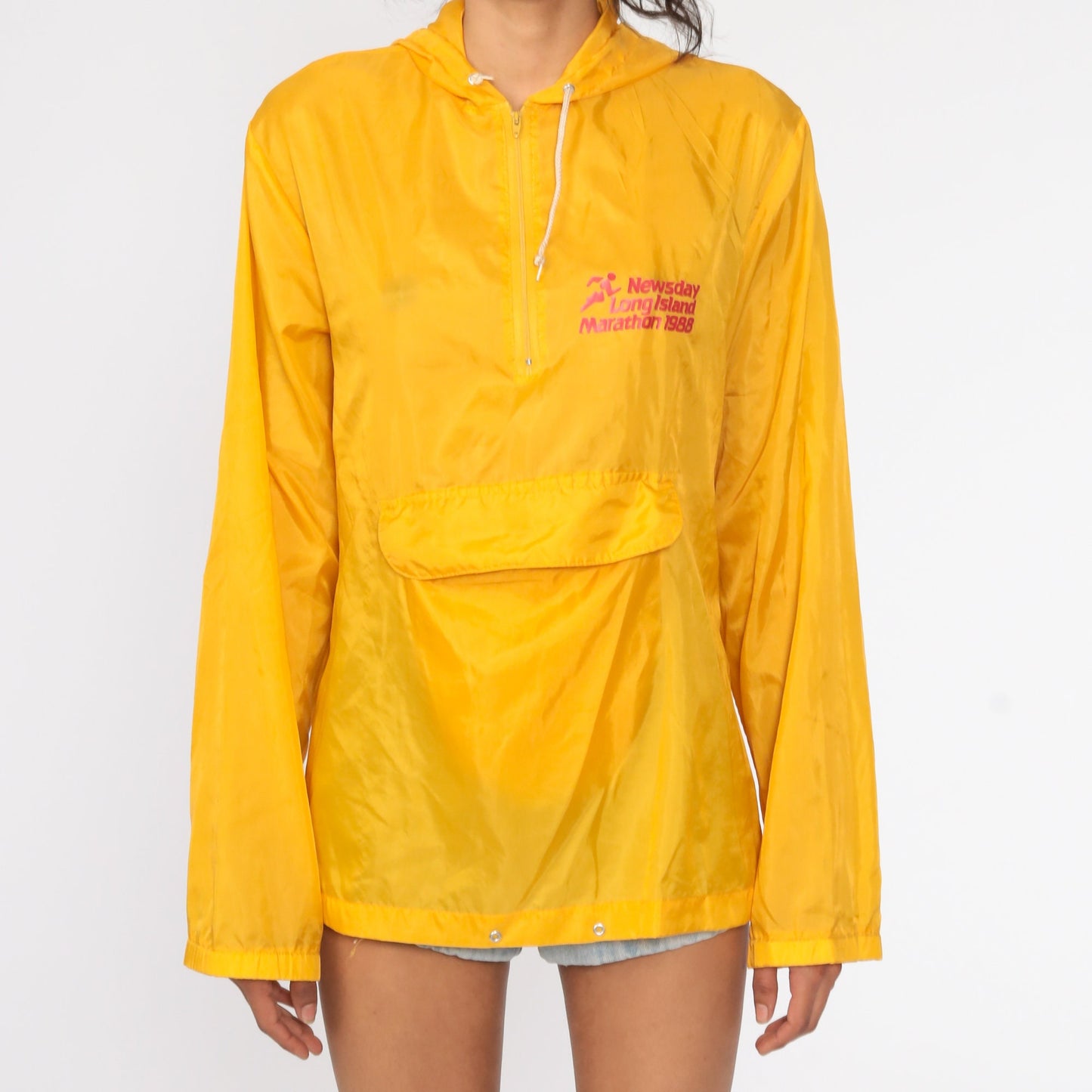 80s Long Island Marathon Yellow Half Zip Hooded Jacket Windbreaker Small Medium