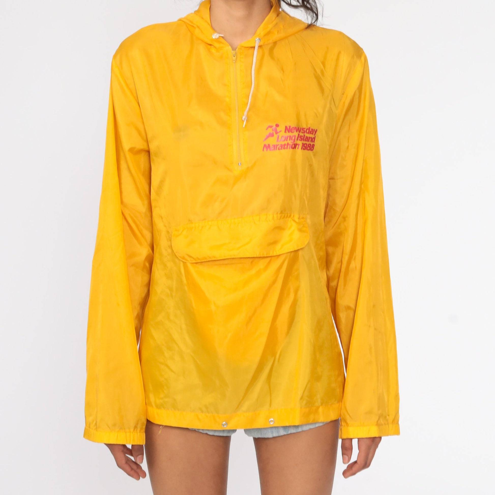 80s Long Island Marathon Yellow Half Zip Hooded Jacket Windbreaker Small Medium