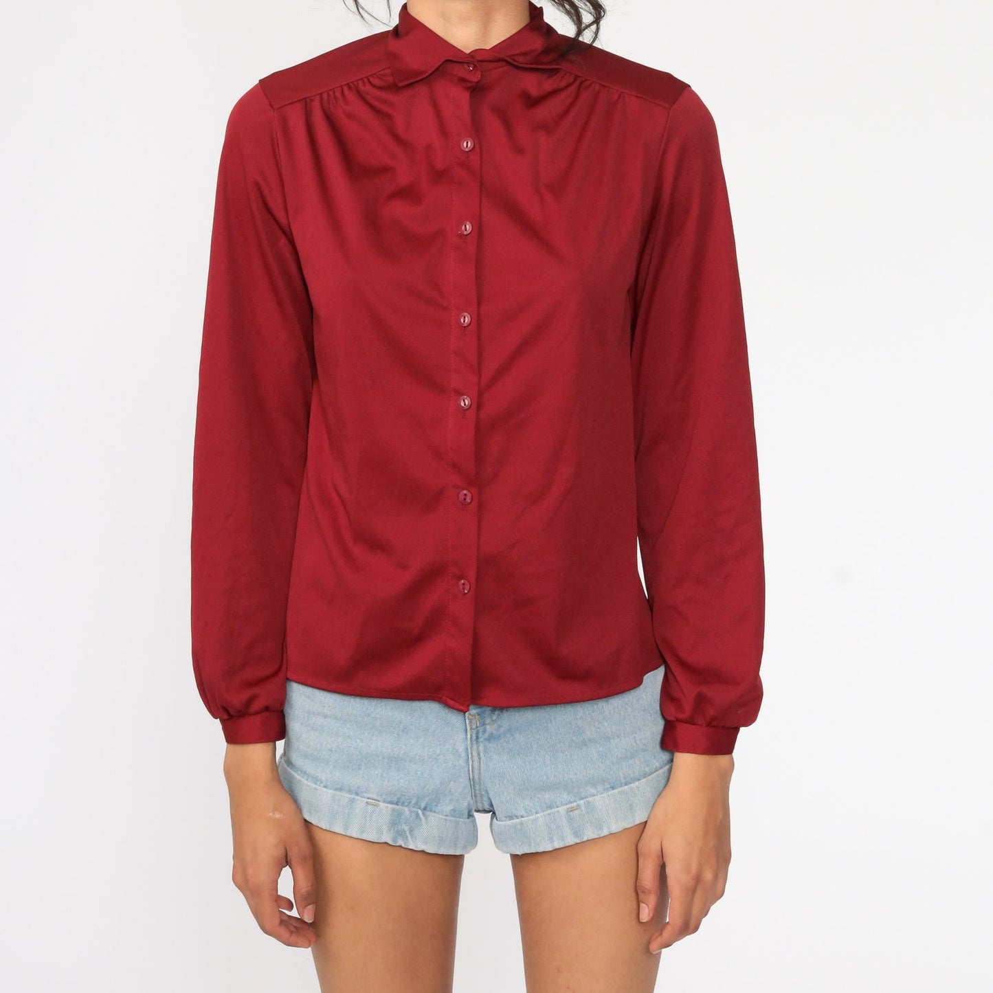 70s Burgundy Button-Up Shirt Long Sleeve Collared Blouse Small