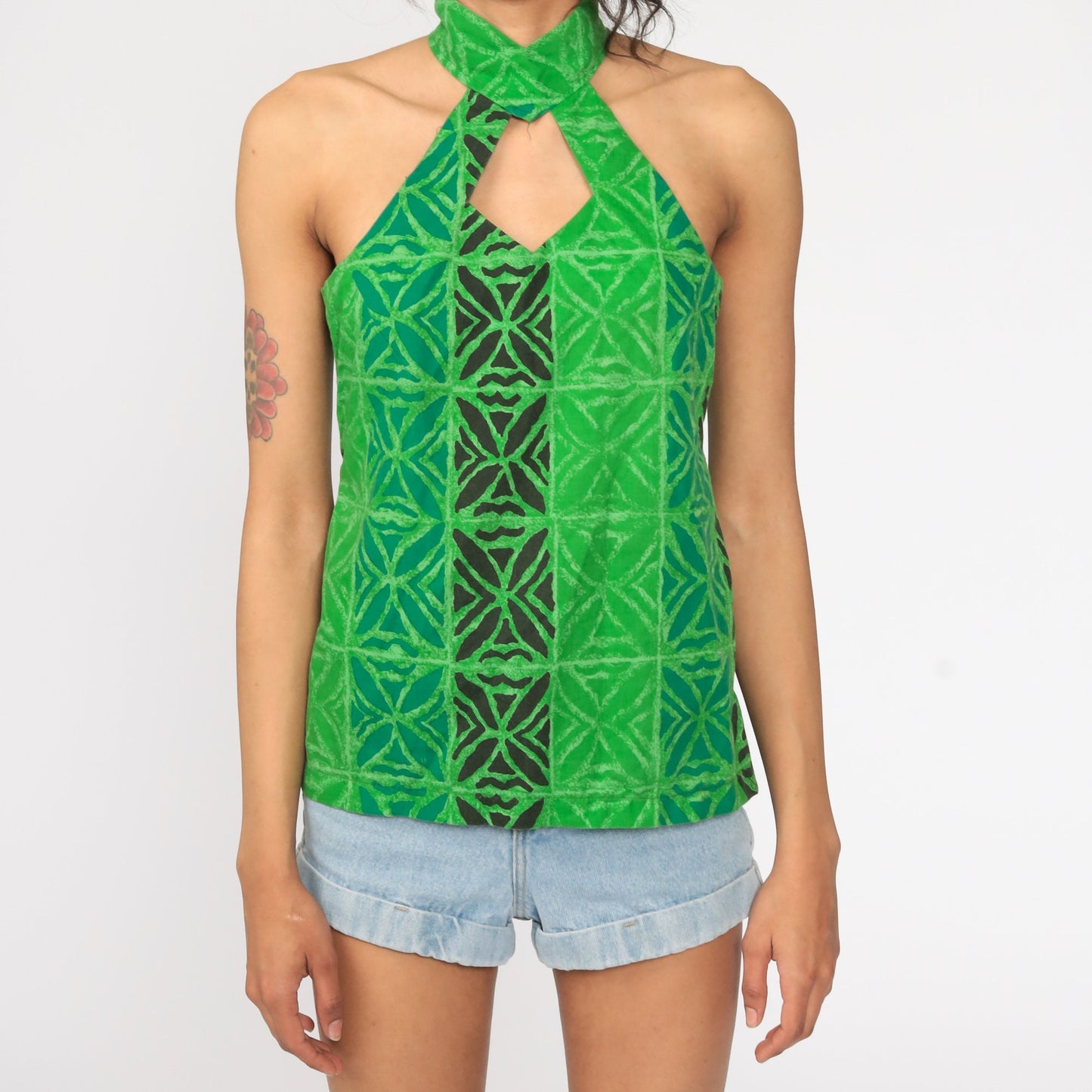 90s Tribal Print Tank Top Green Keyhole Choker Cotton Small