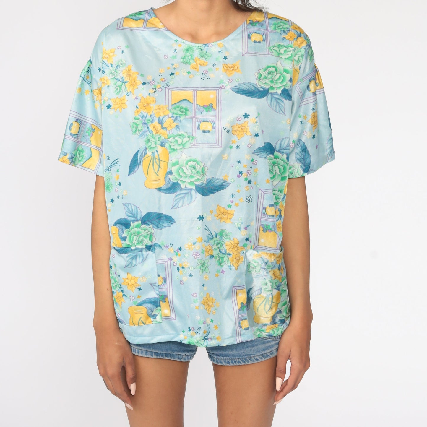 70s Floral Window Print Blouse Blue Short Sleeve Tunic Large