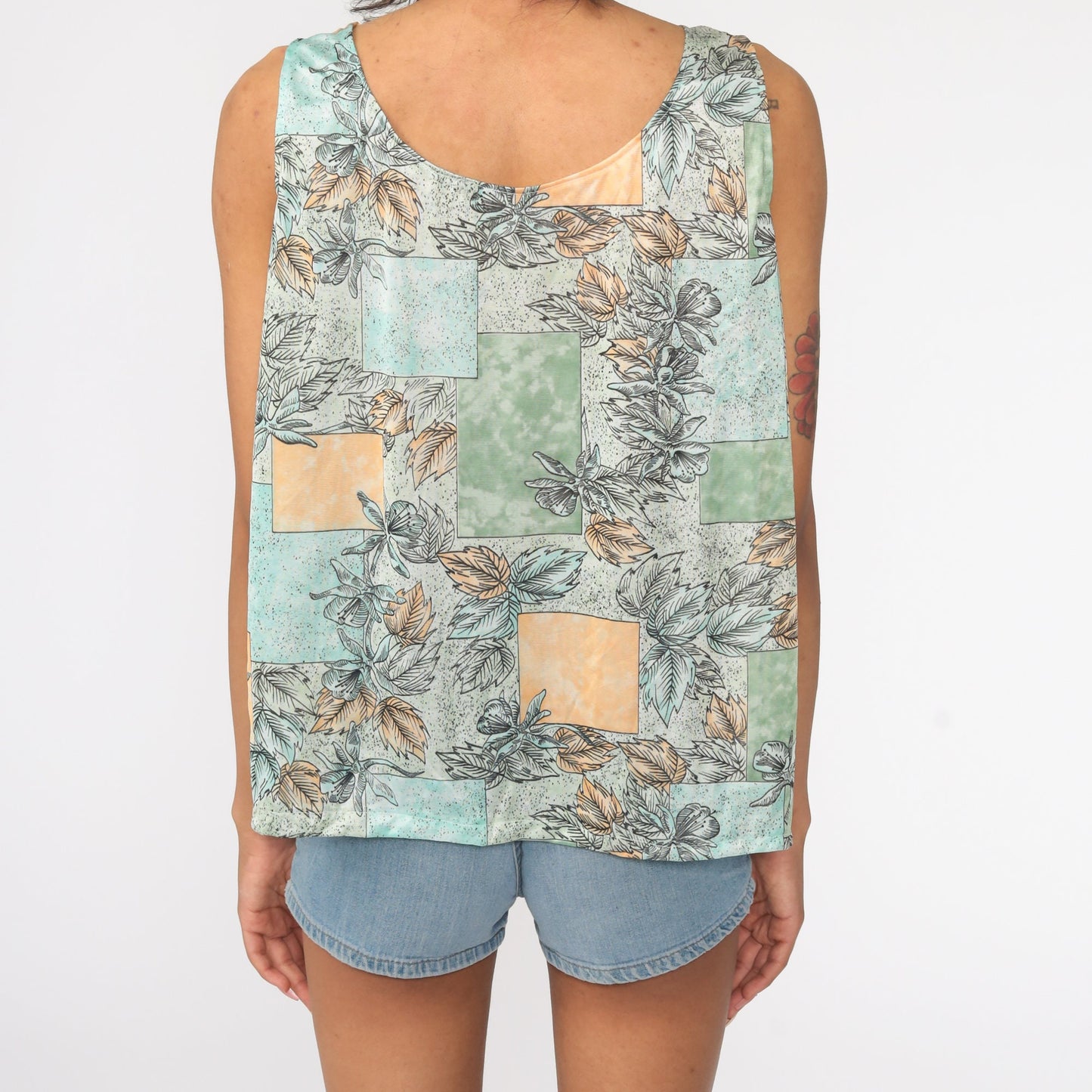 70s Floral Tank Top Hippie Sleeveless Blouse Green Large