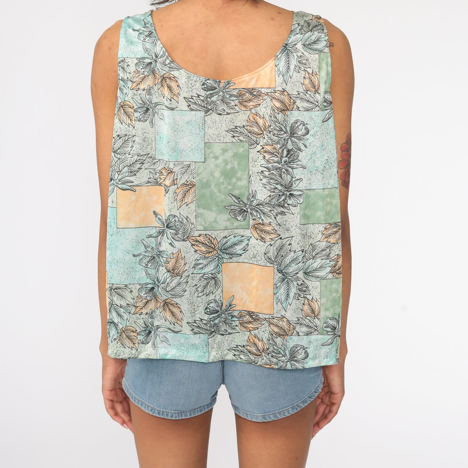 70s Floral Tank Top Hippie Sleeveless Blouse Green Large