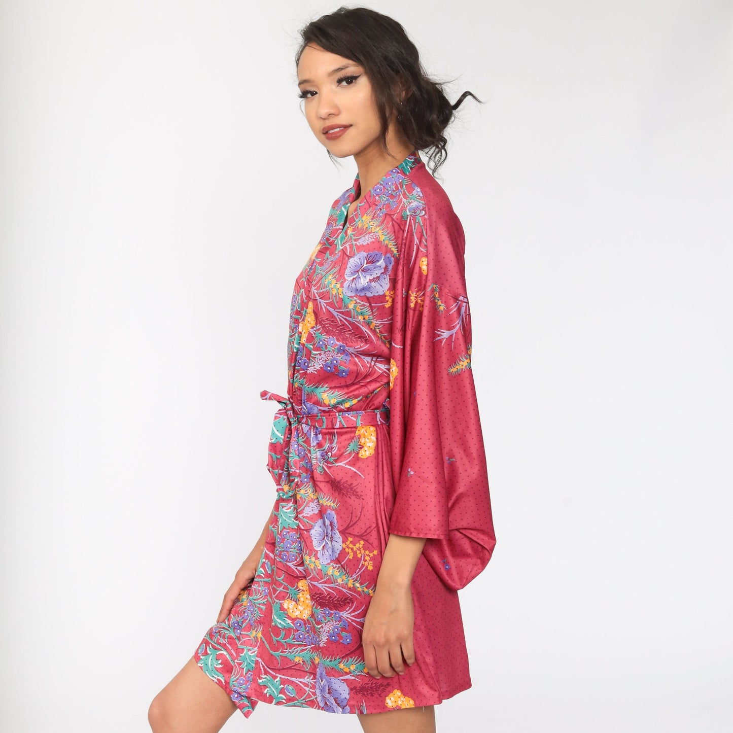 70s Floral Kimono Robe Wrap Dressing Gown Tropical Print Medium Large