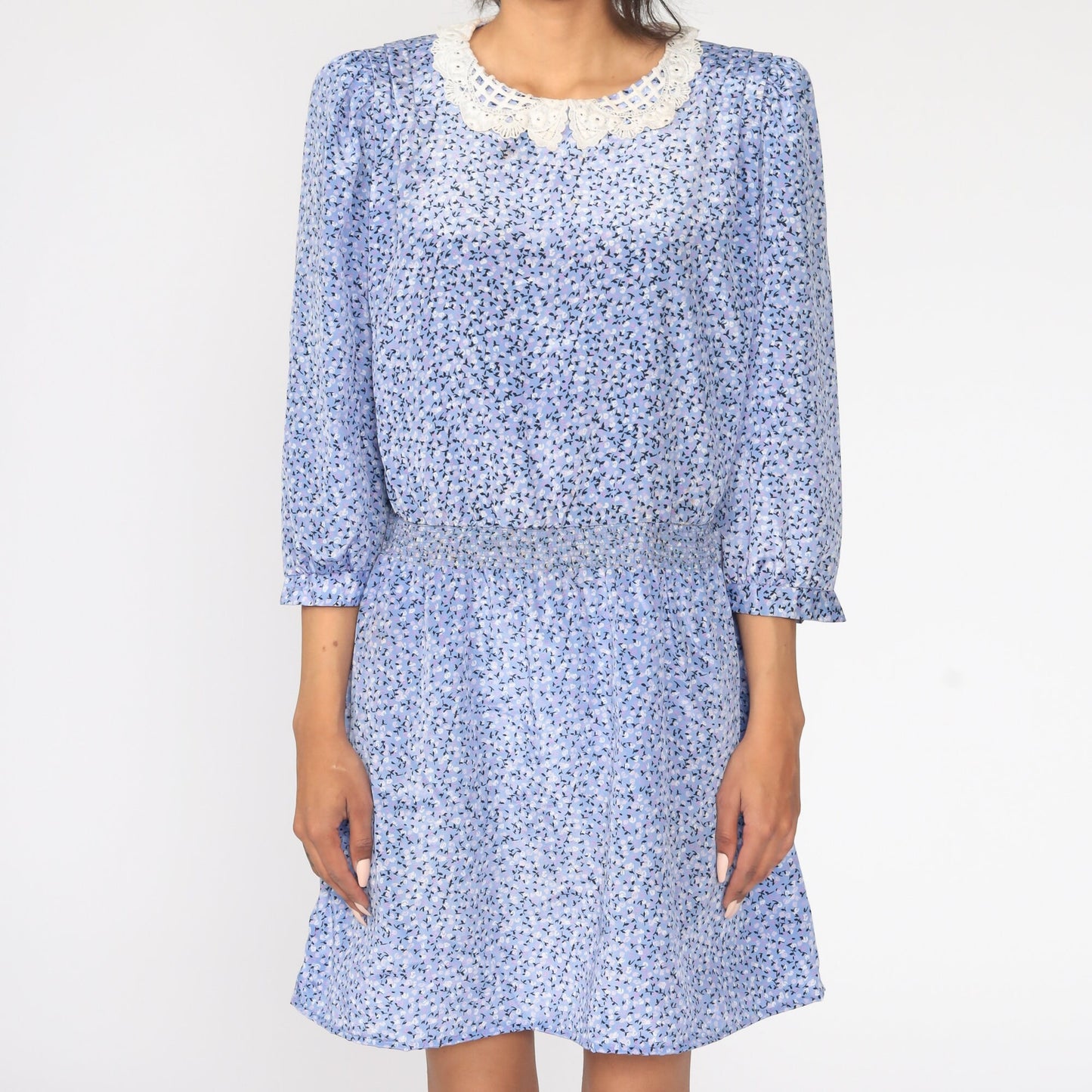 80s Blue Floral Puff Sleeve Dress Lace Trim Mini Large