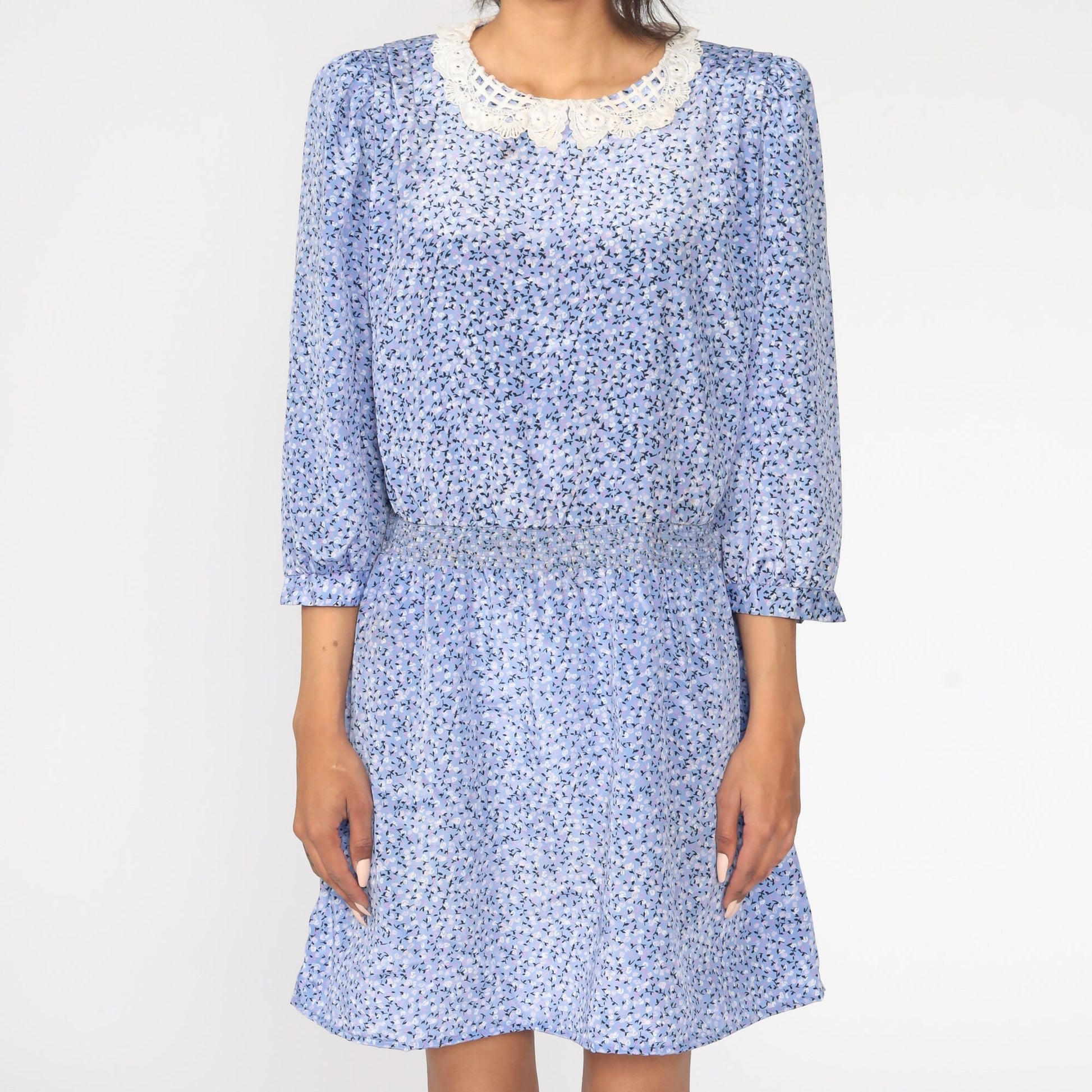 80s Blue Floral Puff Sleeve Dress Lace Trim Mini Large