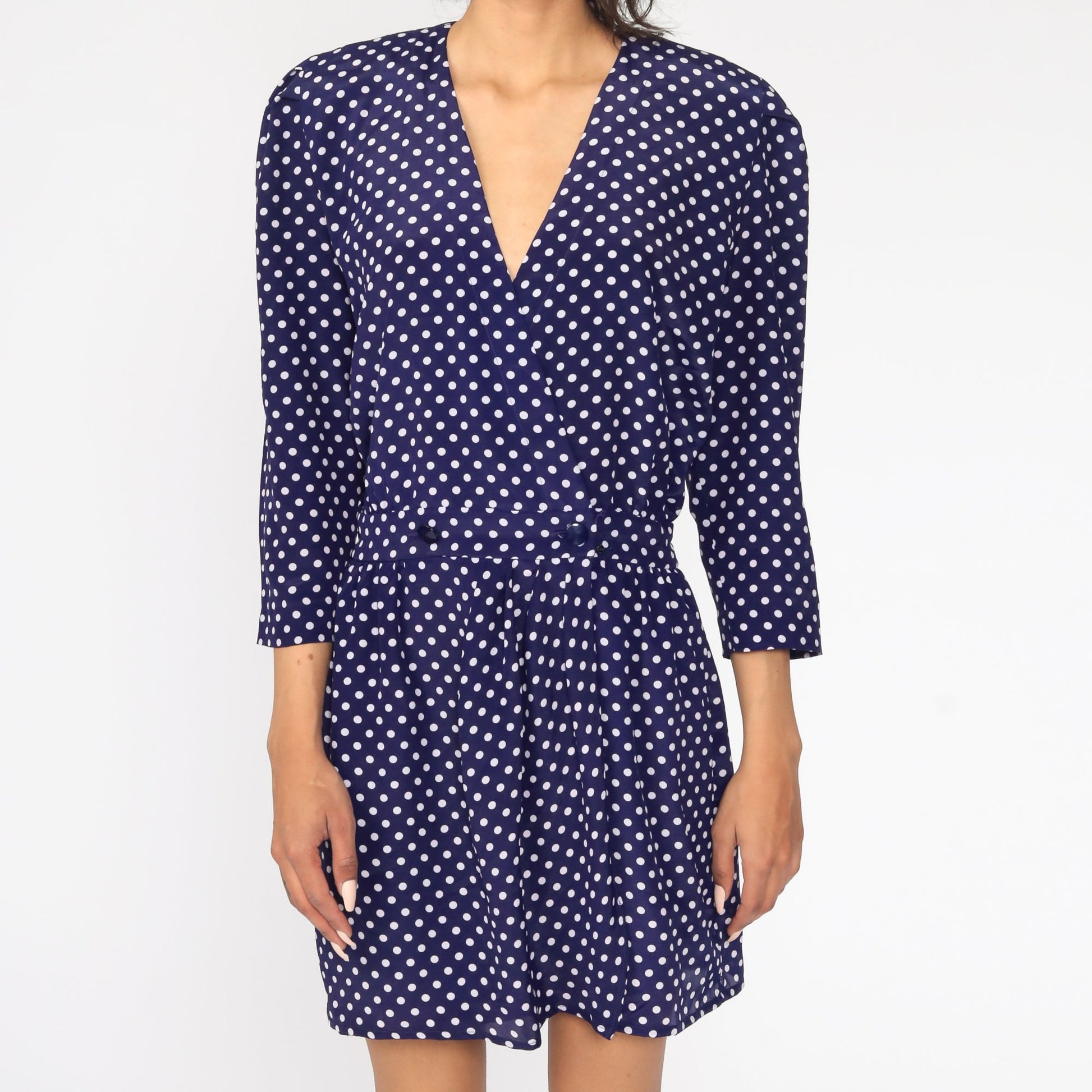 80s Navy Polka Dot Button-Up Mini Dress V-Neck Long Sleeve Small