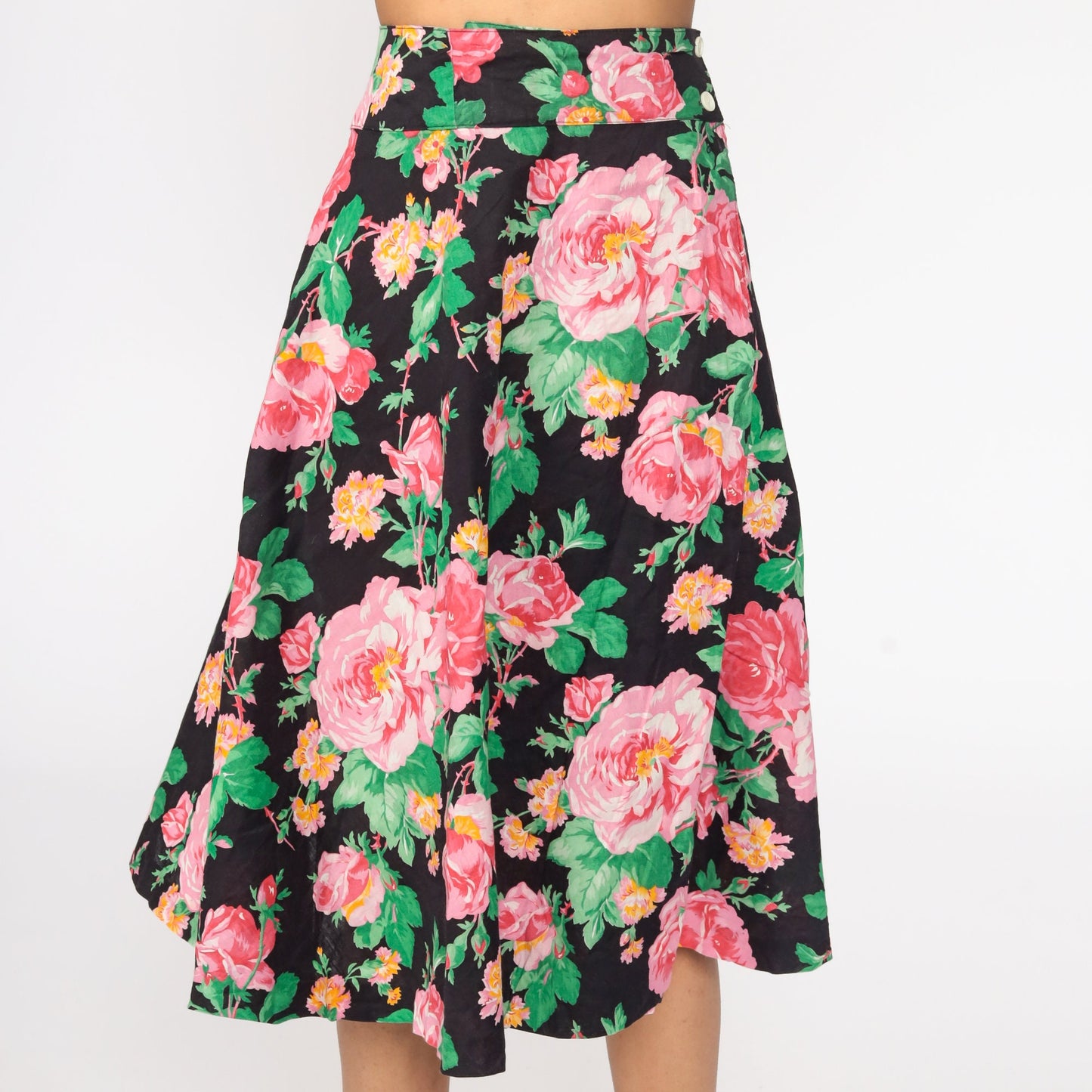 80s Floral Midi Skirt High Waisted Full Black Pink Cotton Extra Small