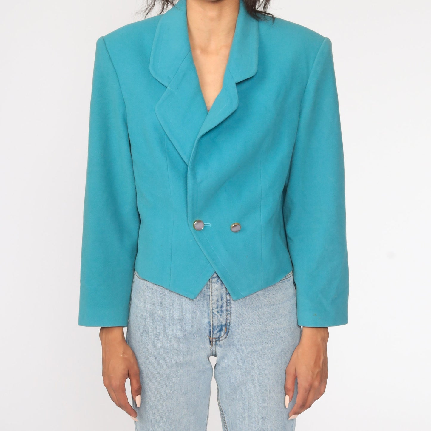80s Turquoise Wool Blazer Tailored Jacket Collared Medium