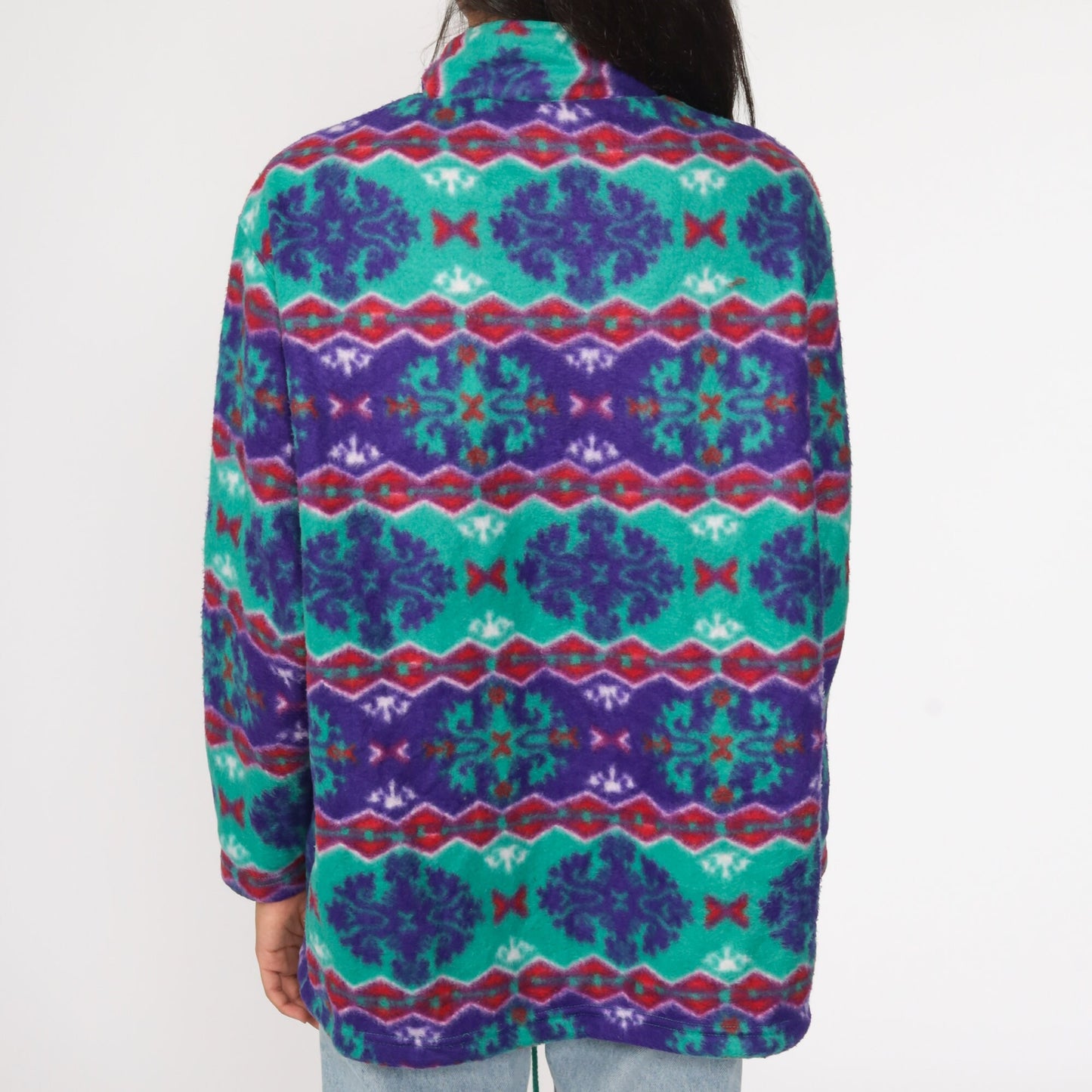 90s Geometric Fleece Jacket Zip Up Green Purple Large L