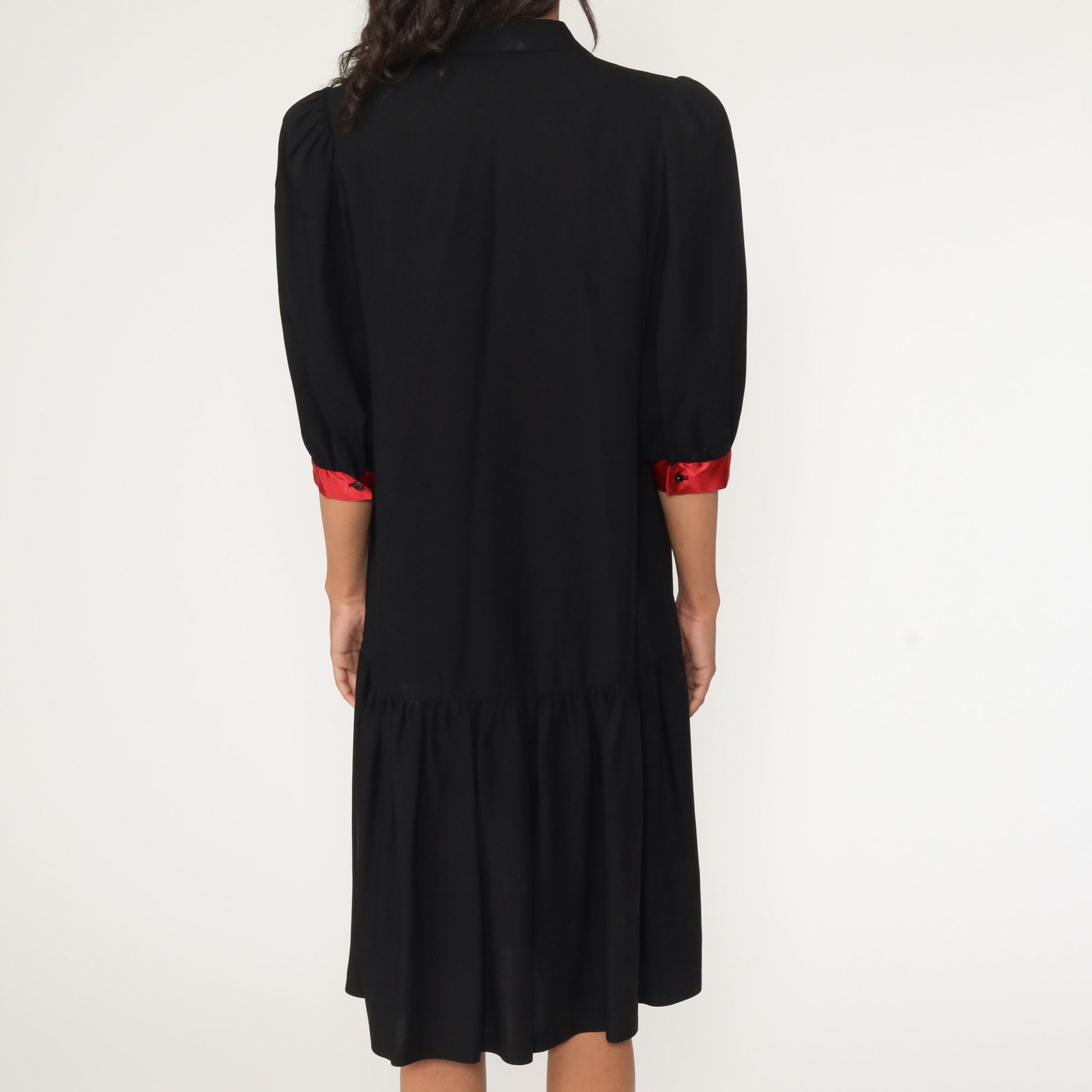 80s Black Mini Dress Drop Waist Puff Sleeve Button-Up Medium