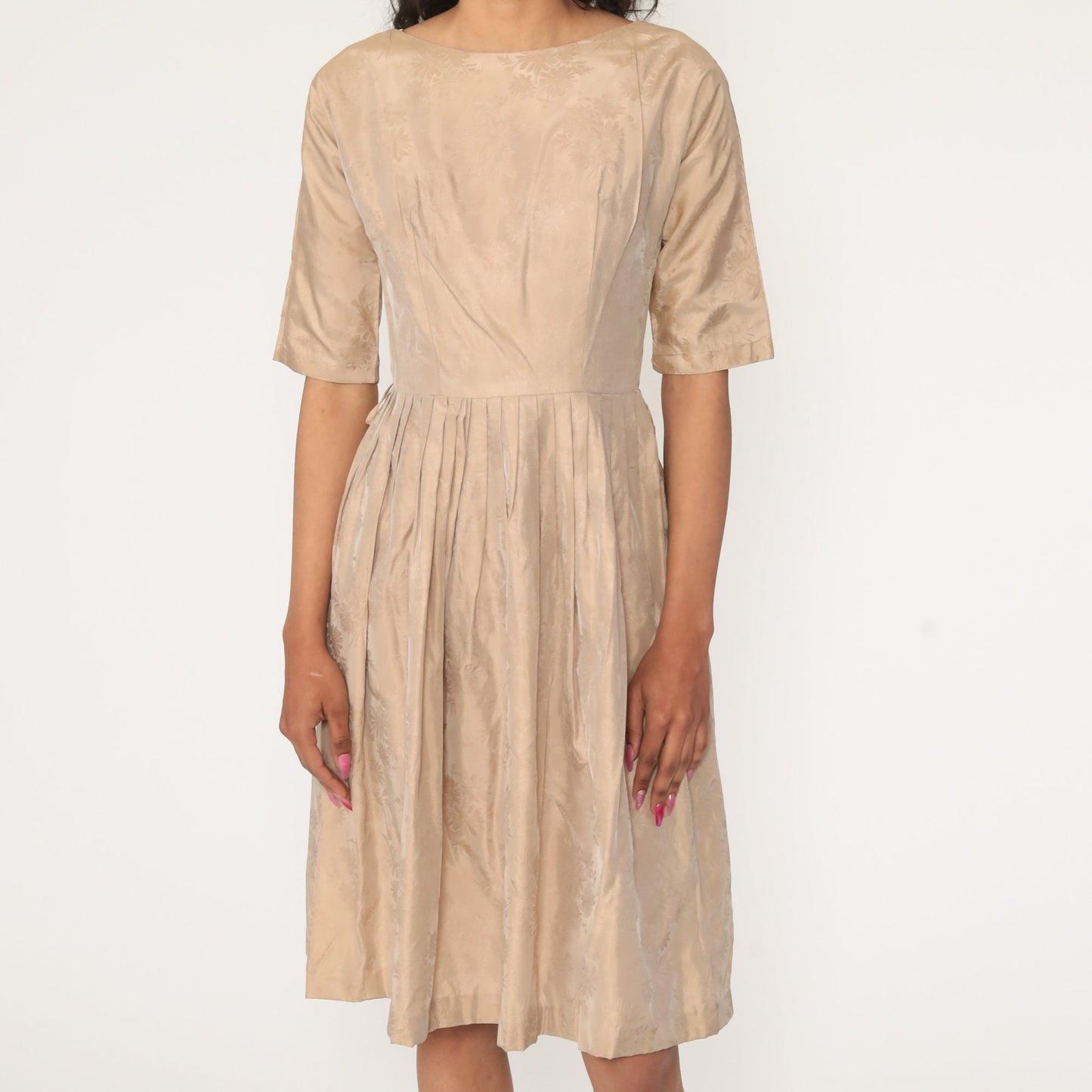 60s Floral Print Dress Pleated Skirt Tea Length Taupe Small