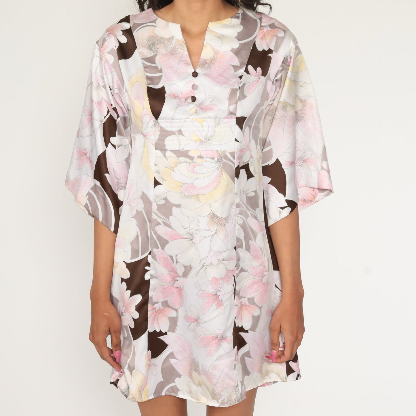 70s Tori Richard Floral Babydoll Dress Bell Sleeve Empire Waist Mini White Brown Small