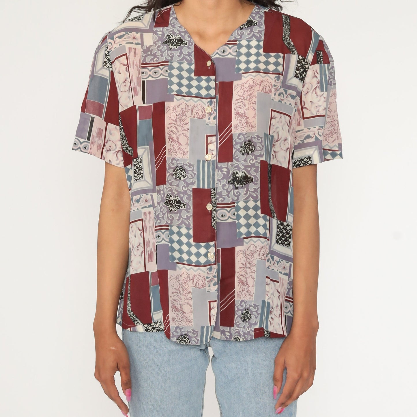 Y2K Patchwork Button-Up Blouse Burgundy Pink Short Sleeve Extra Large XXL