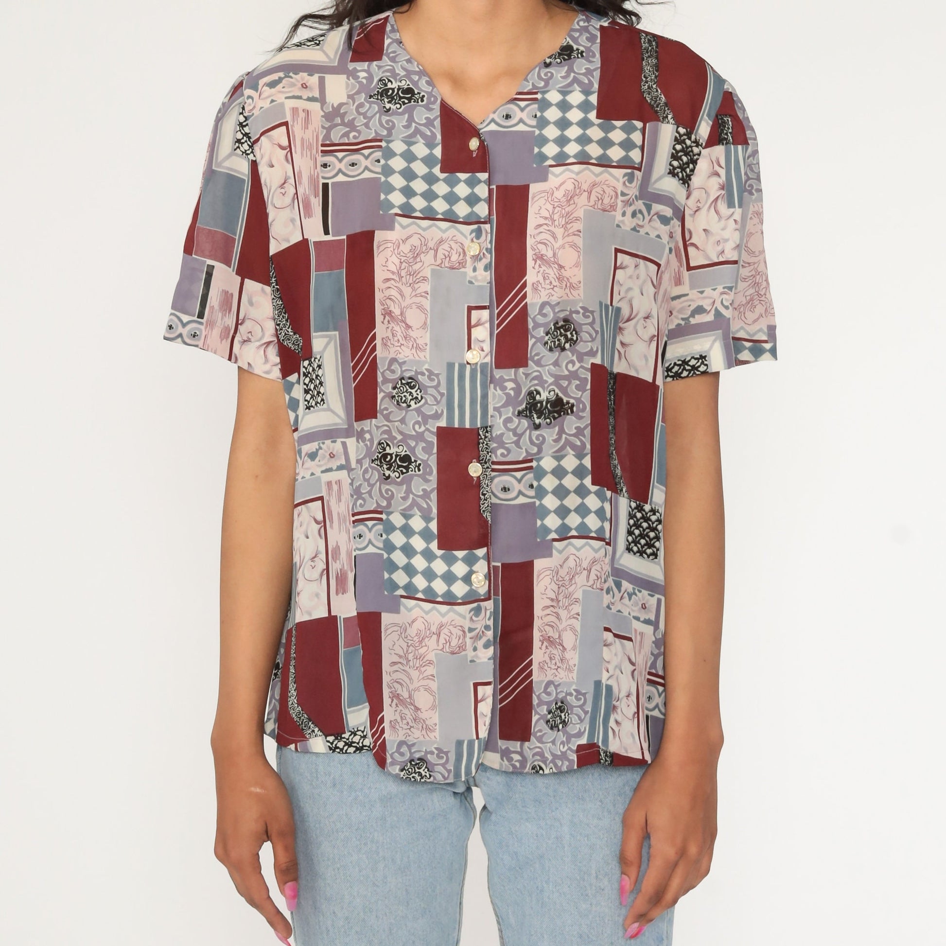 Y2K Patchwork Button-Up Blouse Burgundy Pink Short Sleeve Extra Large XXL